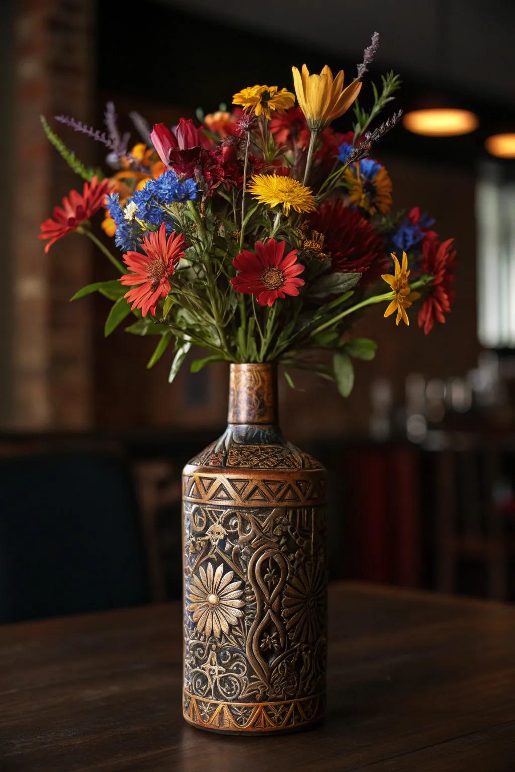 Revamp elegance with each blossom: A masterfully crafted spirits container reimagined into a captivating botanical showpiece.