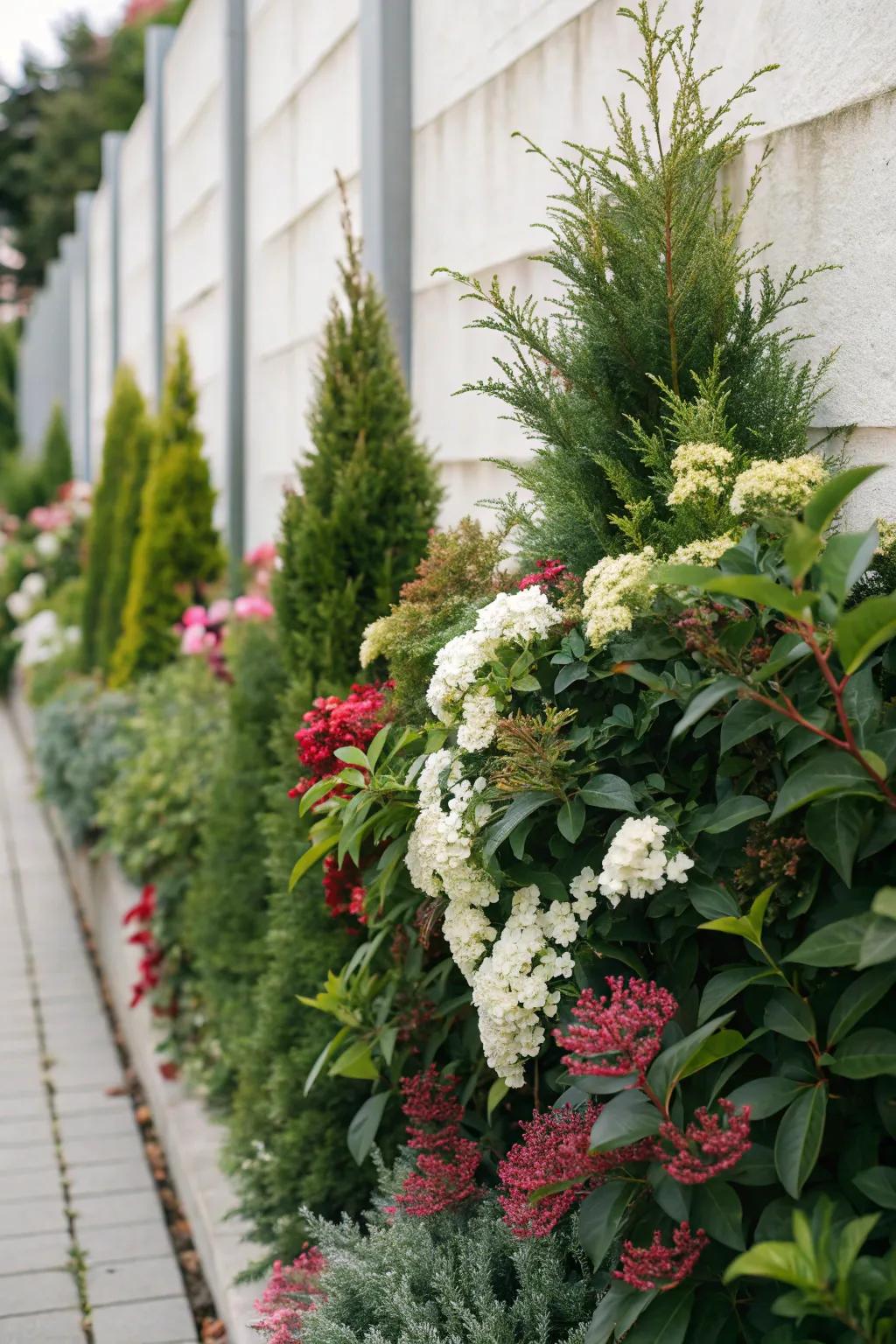 Alter your garden with a textured existing boundary, uniting evergreens and blossoming shrubs for an energetic and vibrant backdrop.