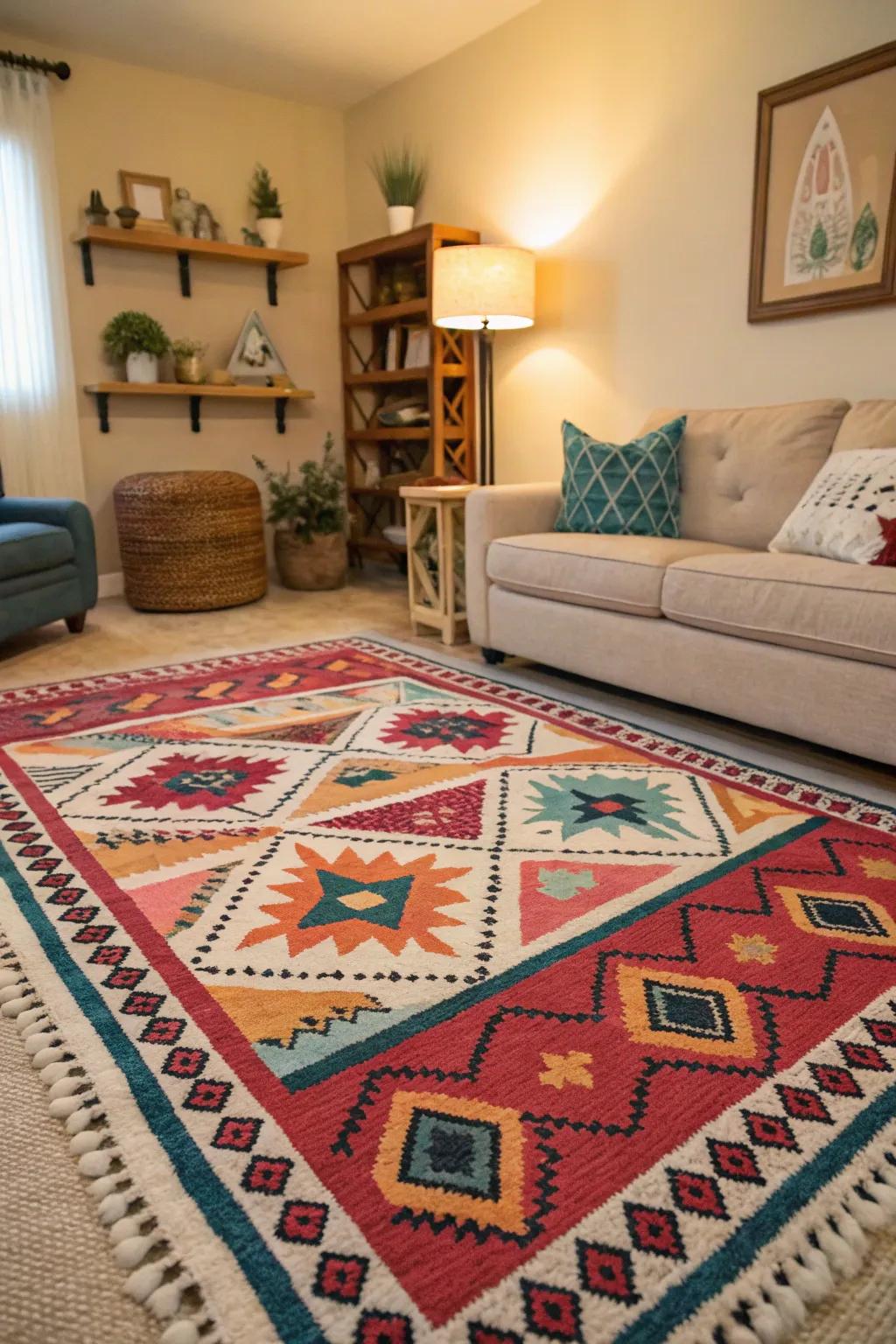 A freestyle painted rug can serve as a magnificent central feature.