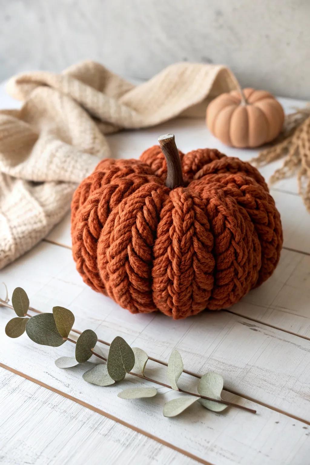 Celebrate the cozy charm of autumn with this artisanal loop fiber gourd.
