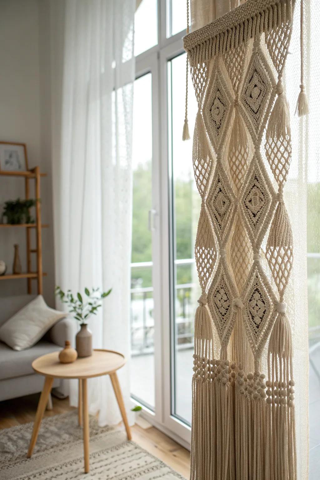 Embrace serenity with a breathtaking neutral-toned macrame window covering, ideal for incorporating warmth and refinement into your minimalist area.