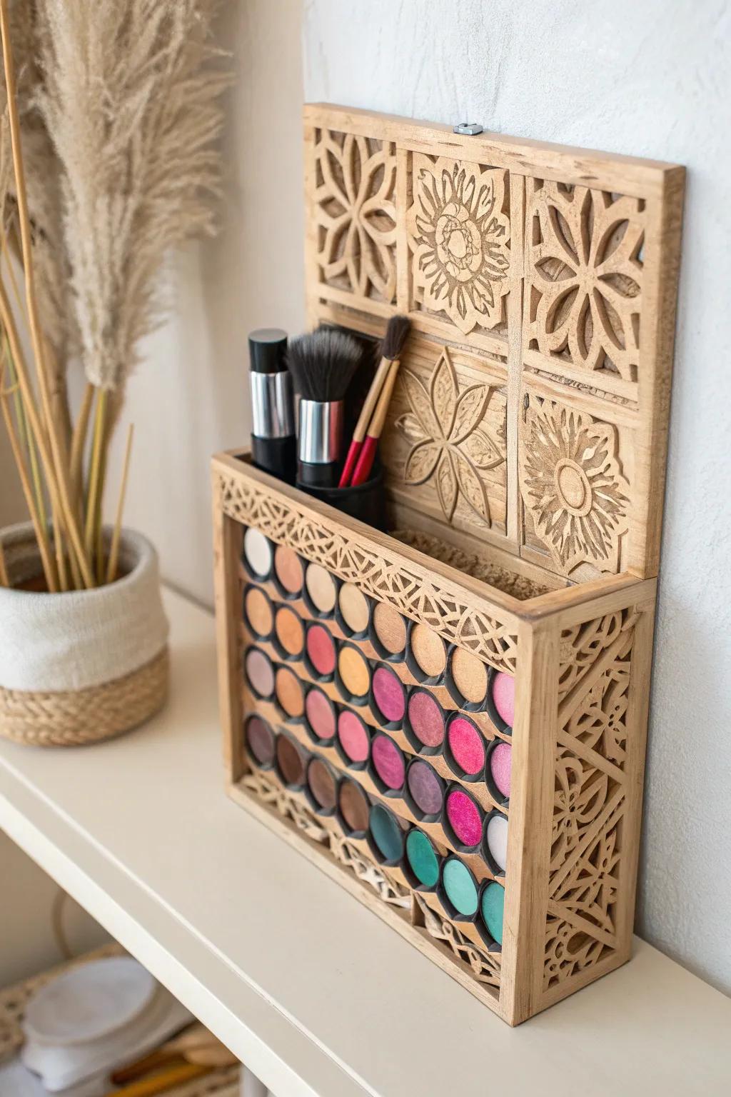 Metamorphose your partition into a sophisticated gallery via these arresting wall-secured cosmetic palette racks.