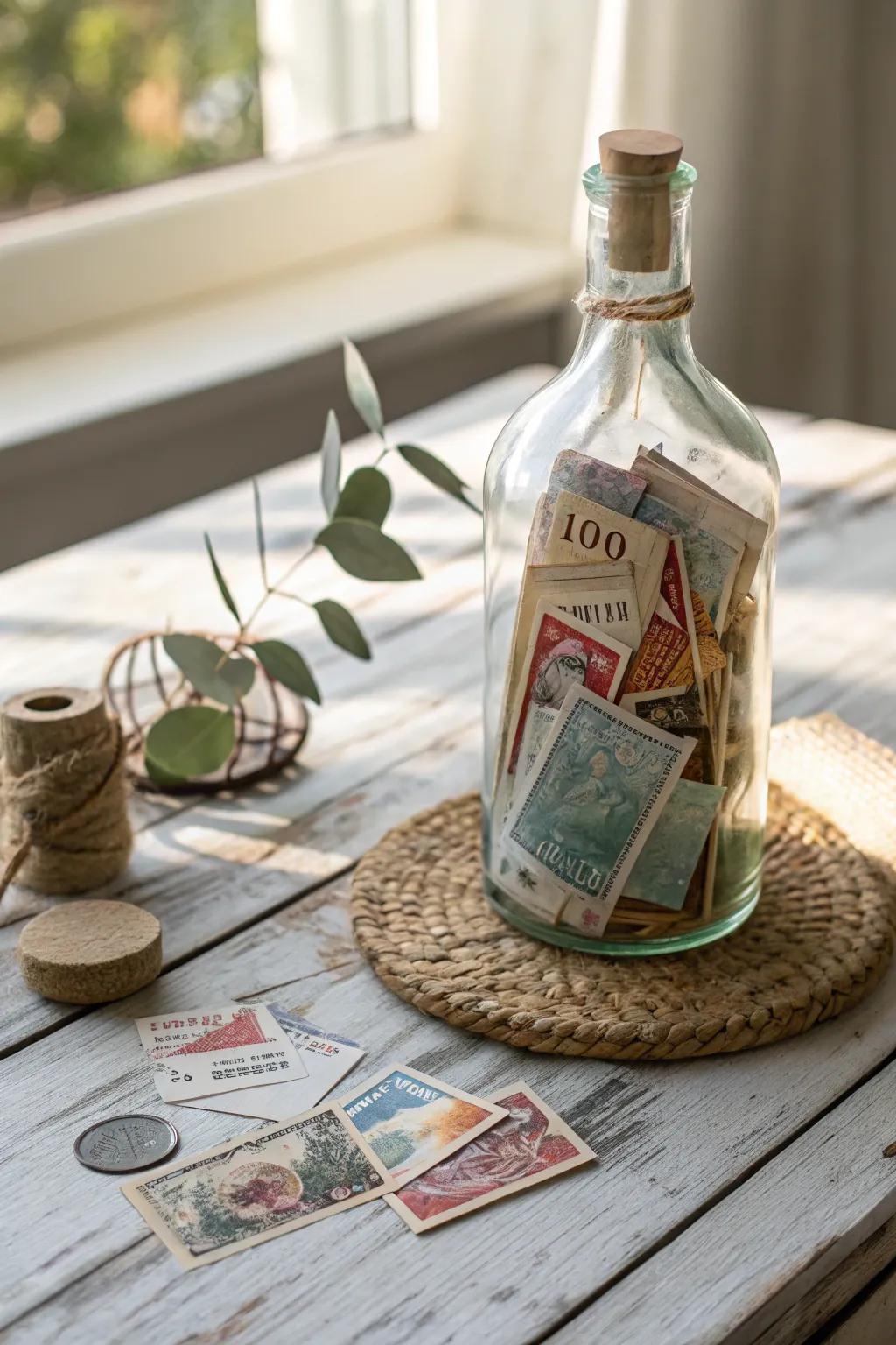Immobilize your journeys with a wanderer's repository: a bottled message brimming with reminiscences.