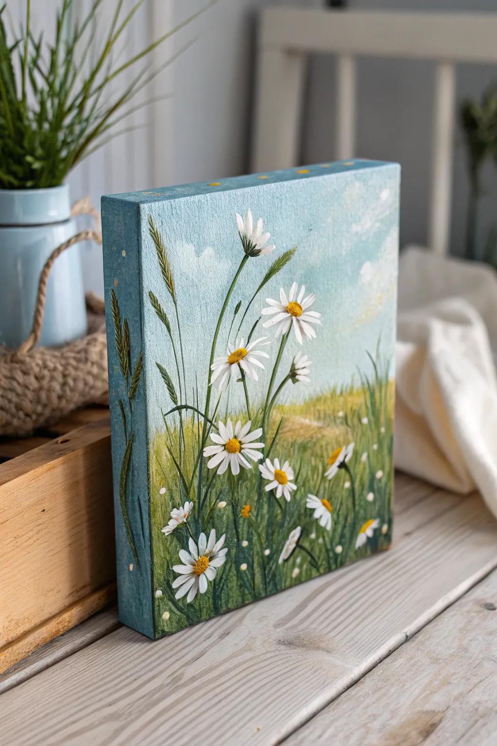 Appreciate the allure of nature in this textured daisy field art piece, blending ease with class.