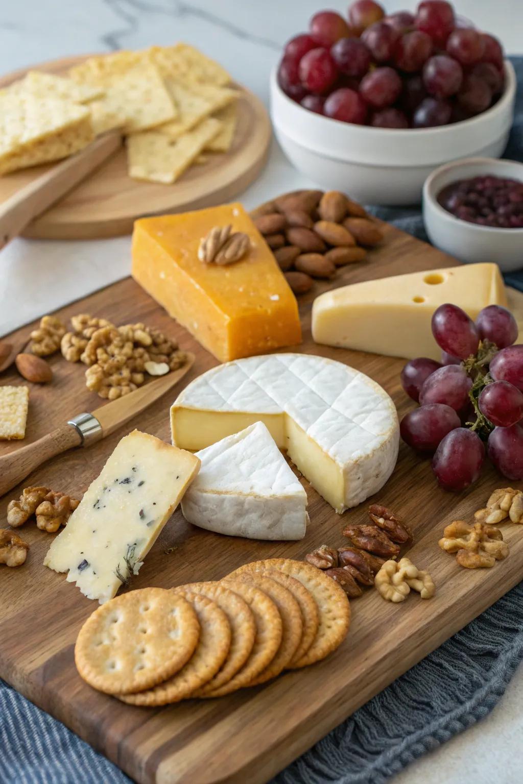 A selection of exquisite cheese varieties delivers opulent flavors and consistencies.
