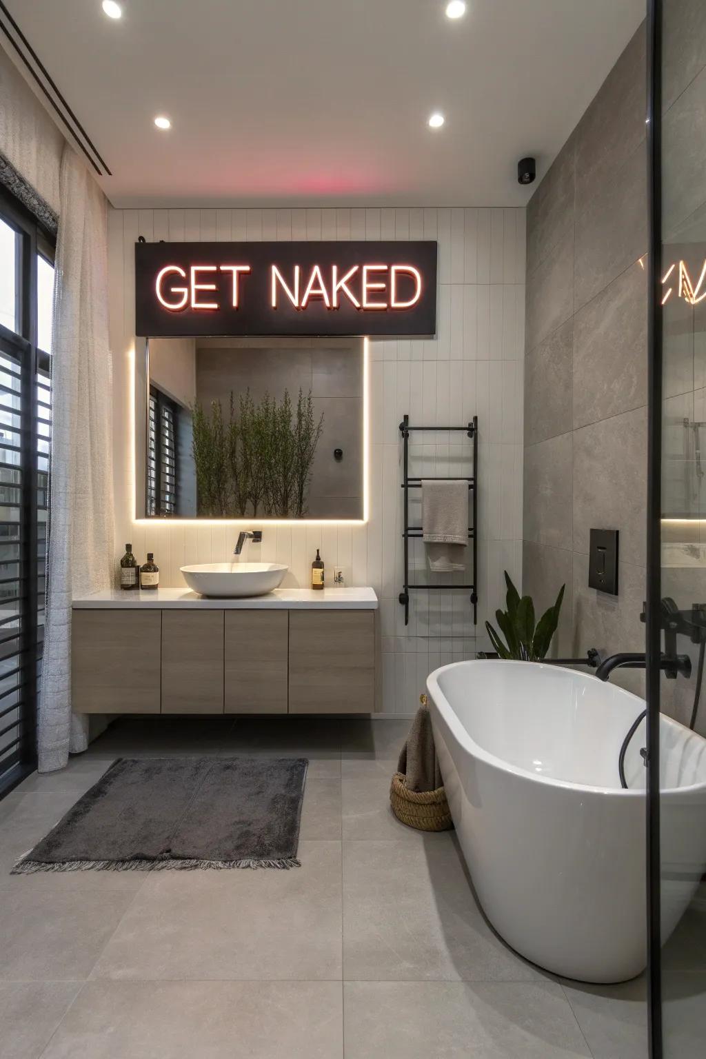 A fantastic bathroom with a fun 'Get Naked' illuminated sign.