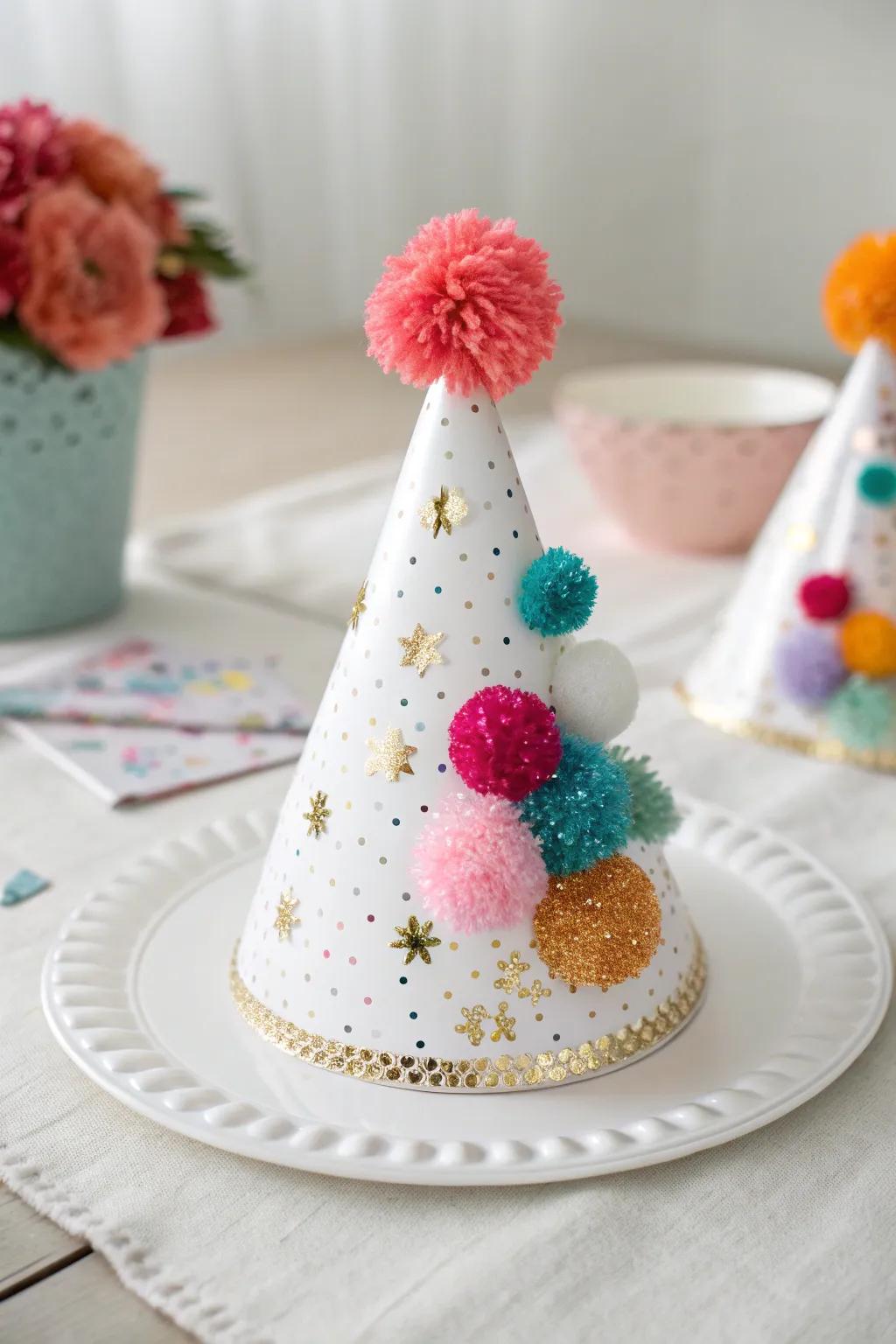 Celebrate in style with a charming hand-crafted pom-pom party hat: a perfect blend of simplicity and vibrant fun!