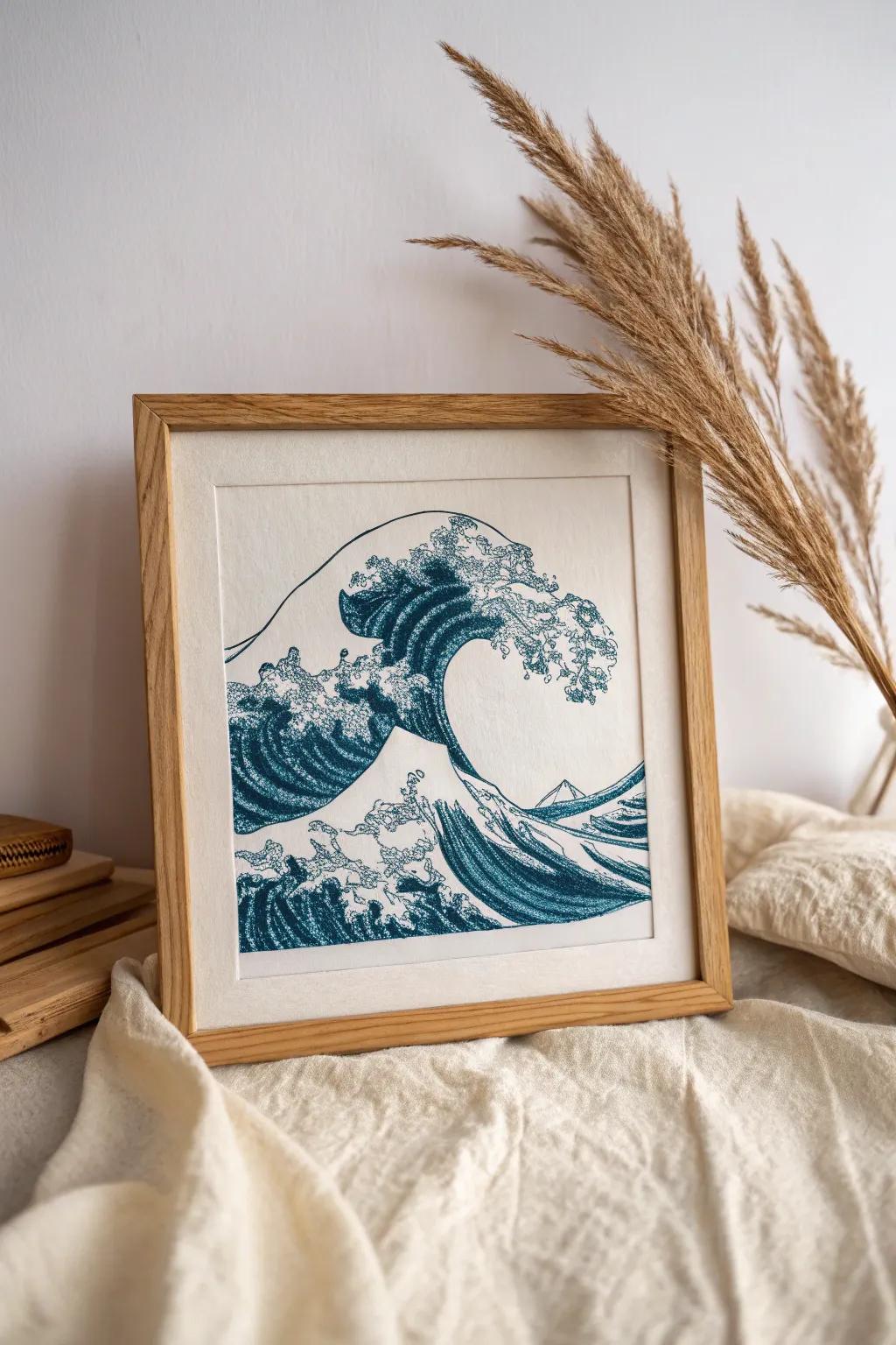 Feel the mesmerizing tempo of the ocean with this beautiful crest drawing, where simplicity touches the bold charm of nature.