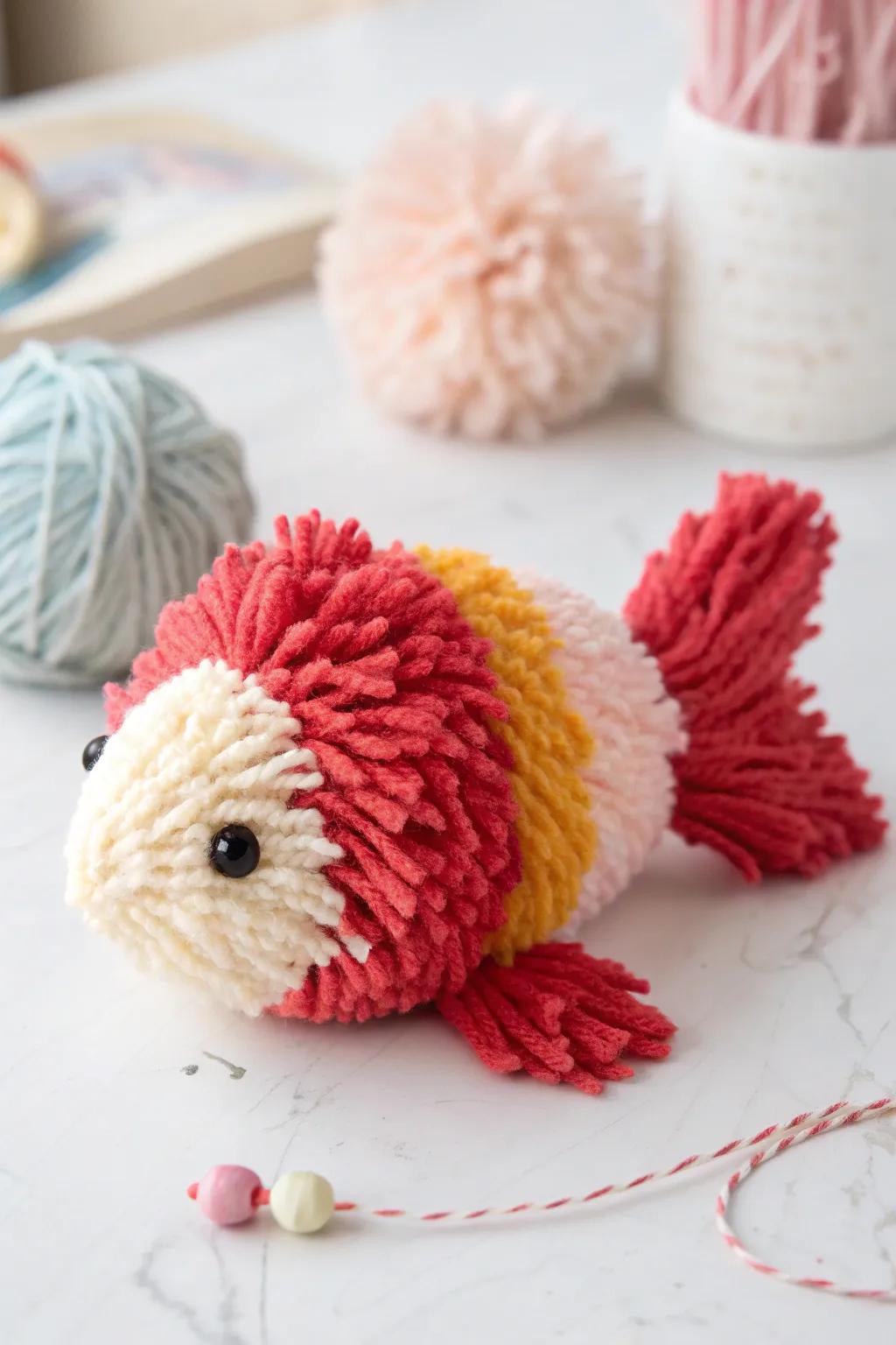 Venture into inventiveness with this captivating fluffy yarn fish—an aquatic expanse of color and merriment!