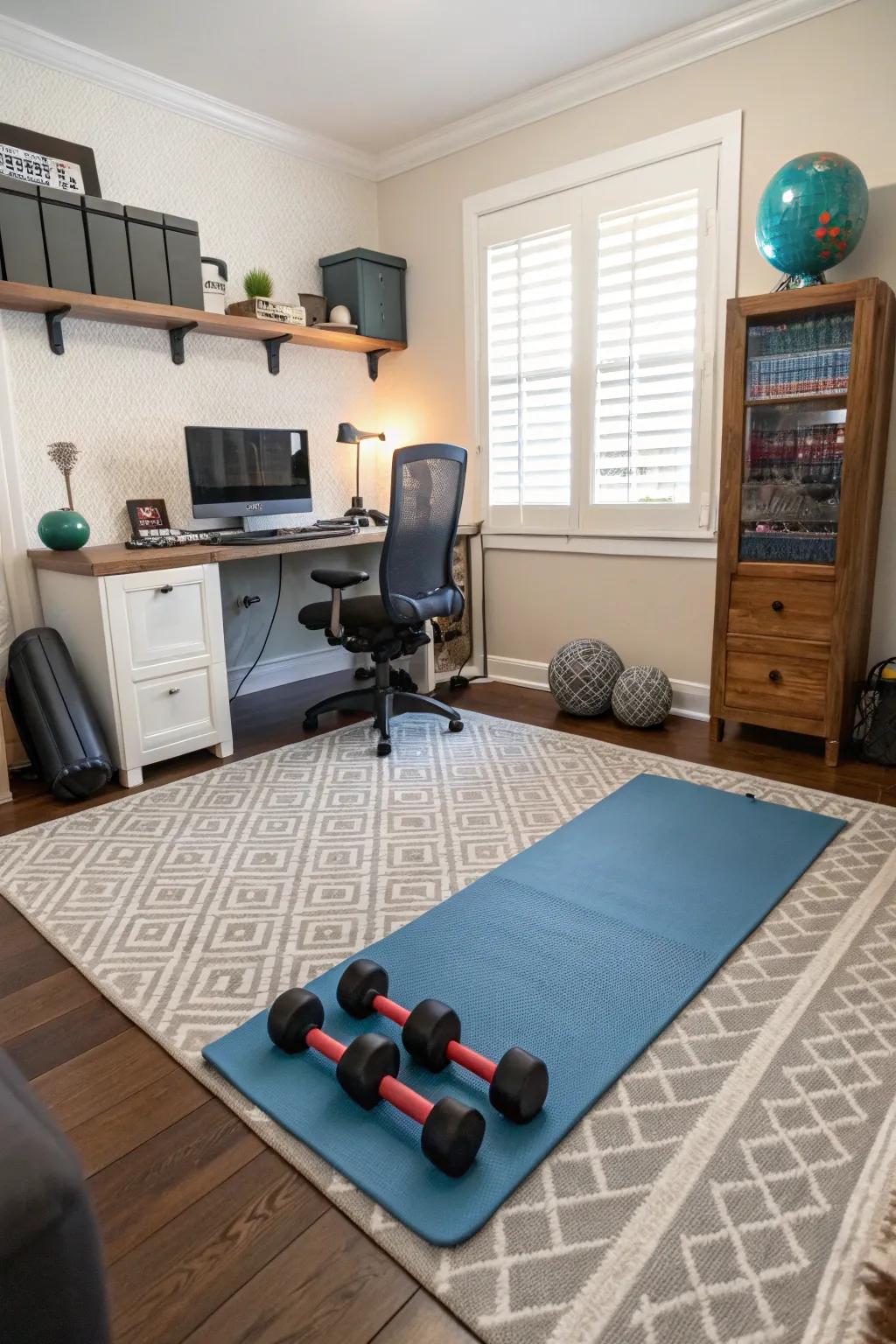 Strategic zoning fosters balance between workspace and workout area.
