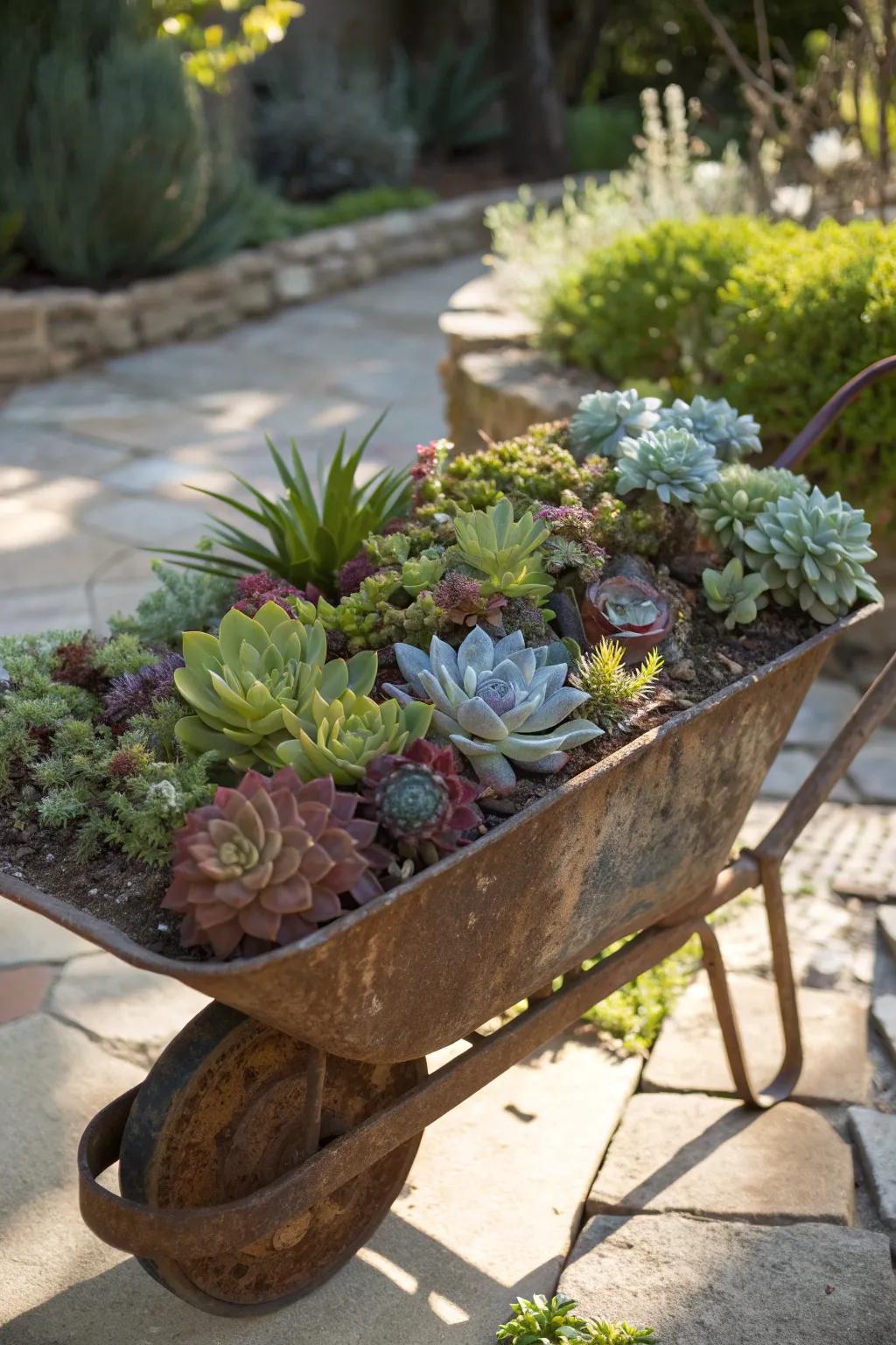 Elevate the rustic charm into a remarkable succulent-filled centerpiece with this wheelbarrow.