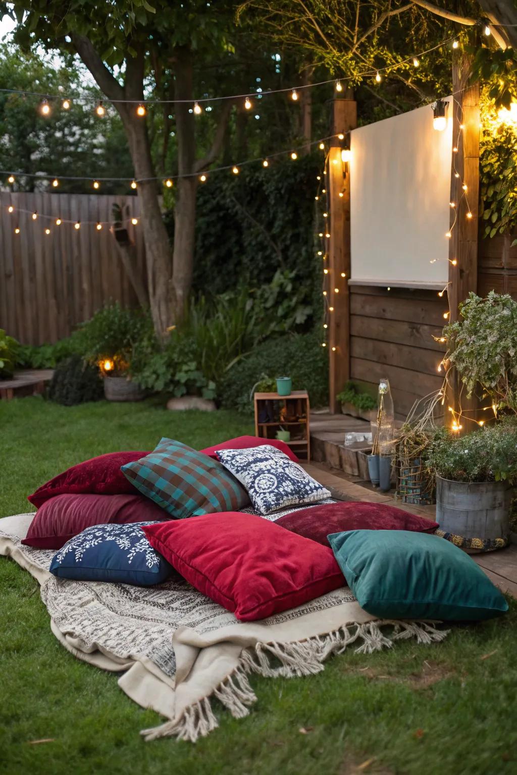 Transform your outdoor area into a comfortable movie retreat with splashes of color and comfort.
