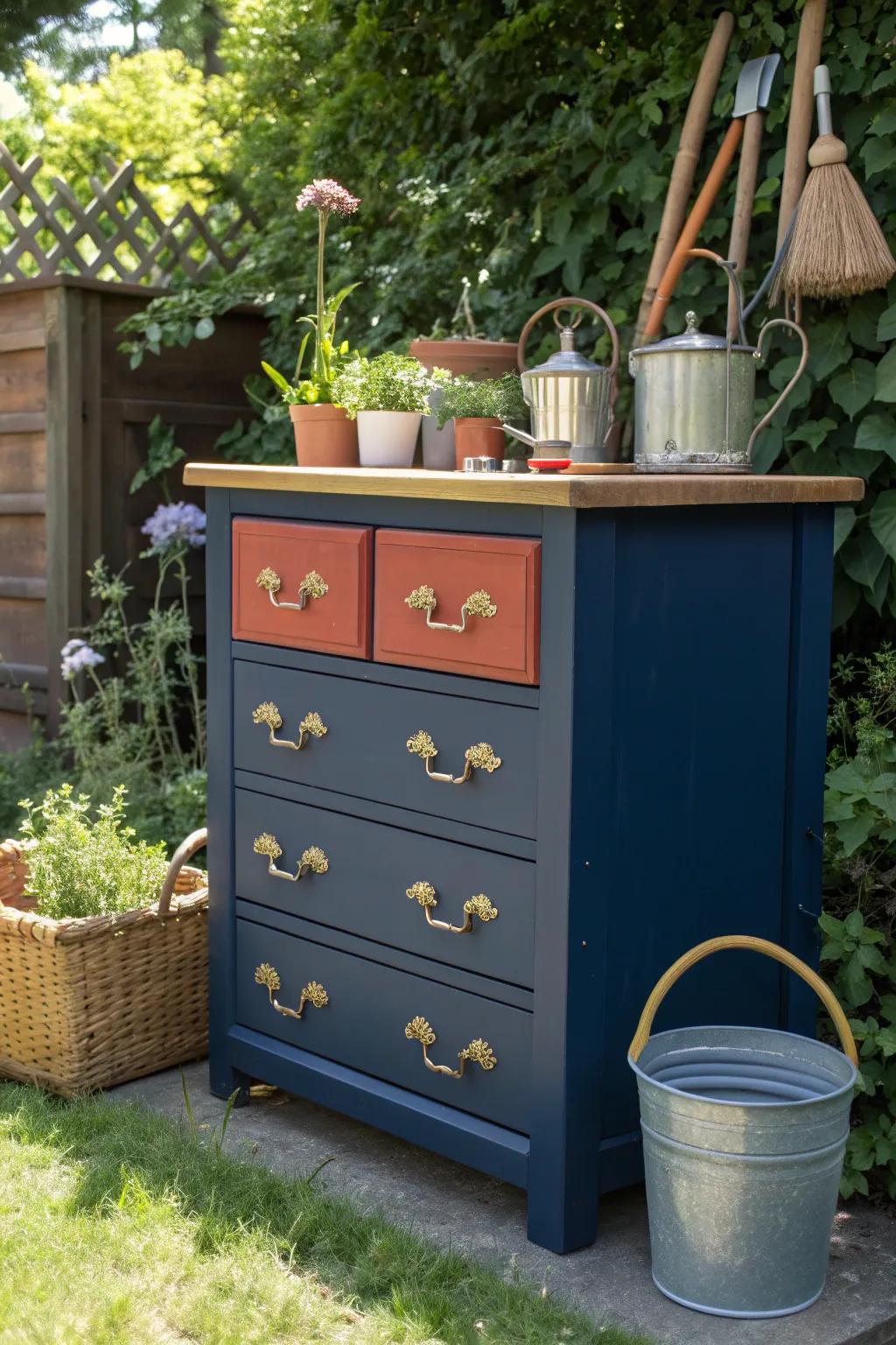 Change your old furnishings into striking outdoor stowage with a dash of vibrant color and creativity!