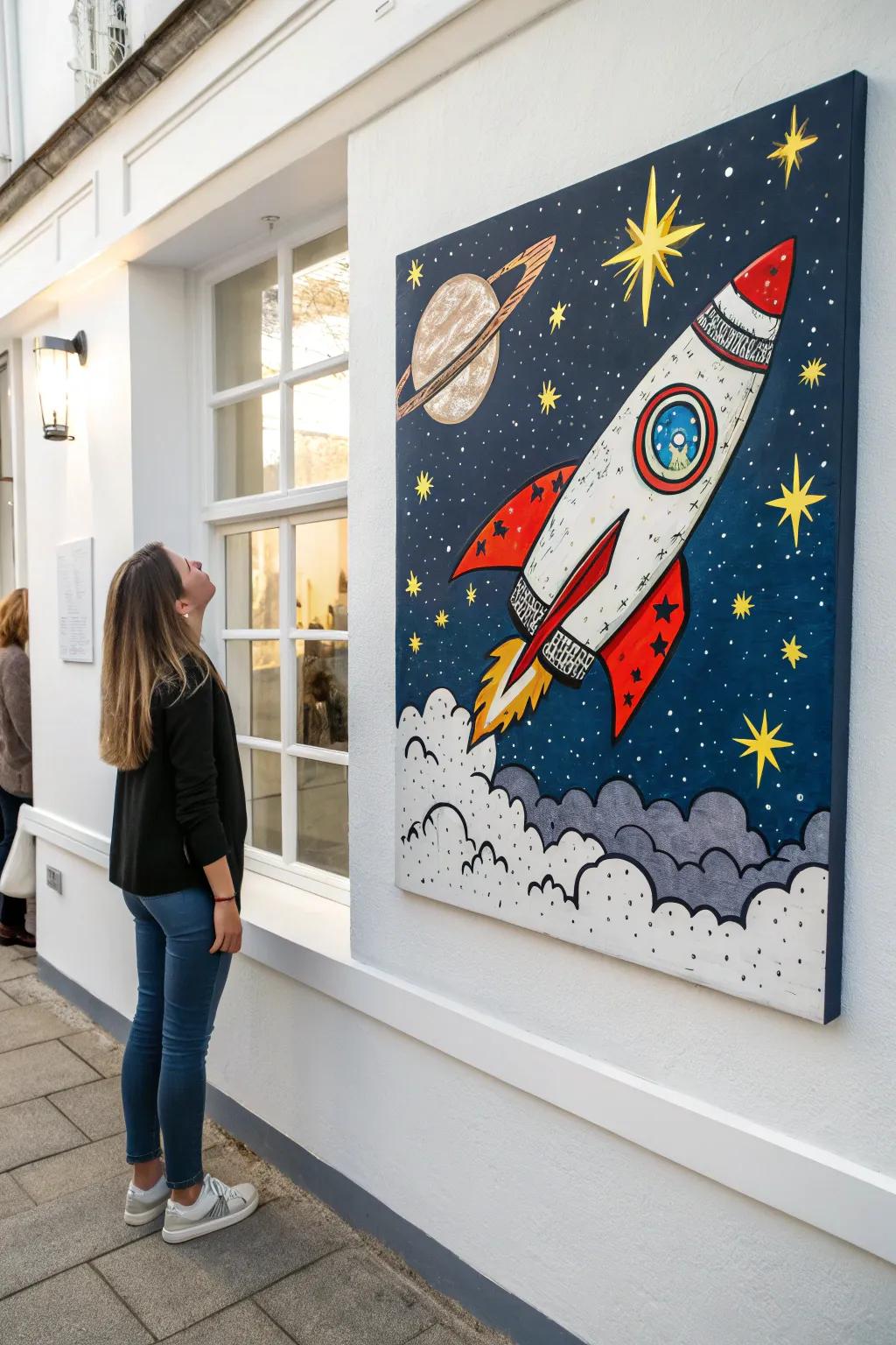 Embark on a celestial voyage with this enthralling rocket ship painting, where simplicity converges with cosmic reveries.