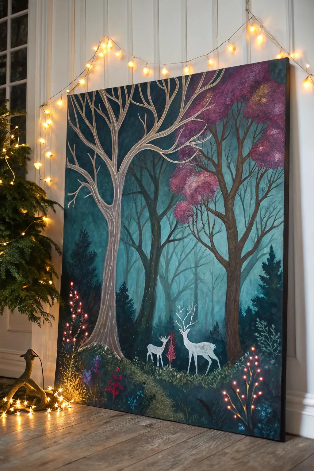 Venture into a whimsical realm of enchanted forests featuring captivating sprites and luminous glows, perfect for your next painting inspiration.