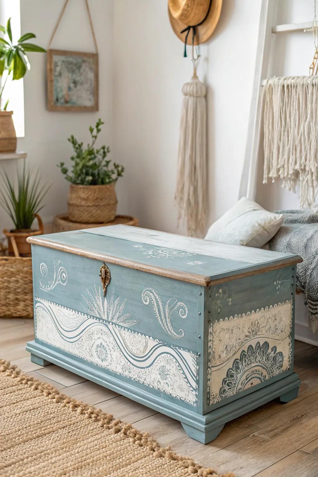 Discover the splendor of layered coatings: Transform your space with this sea-inspired cedar chest.