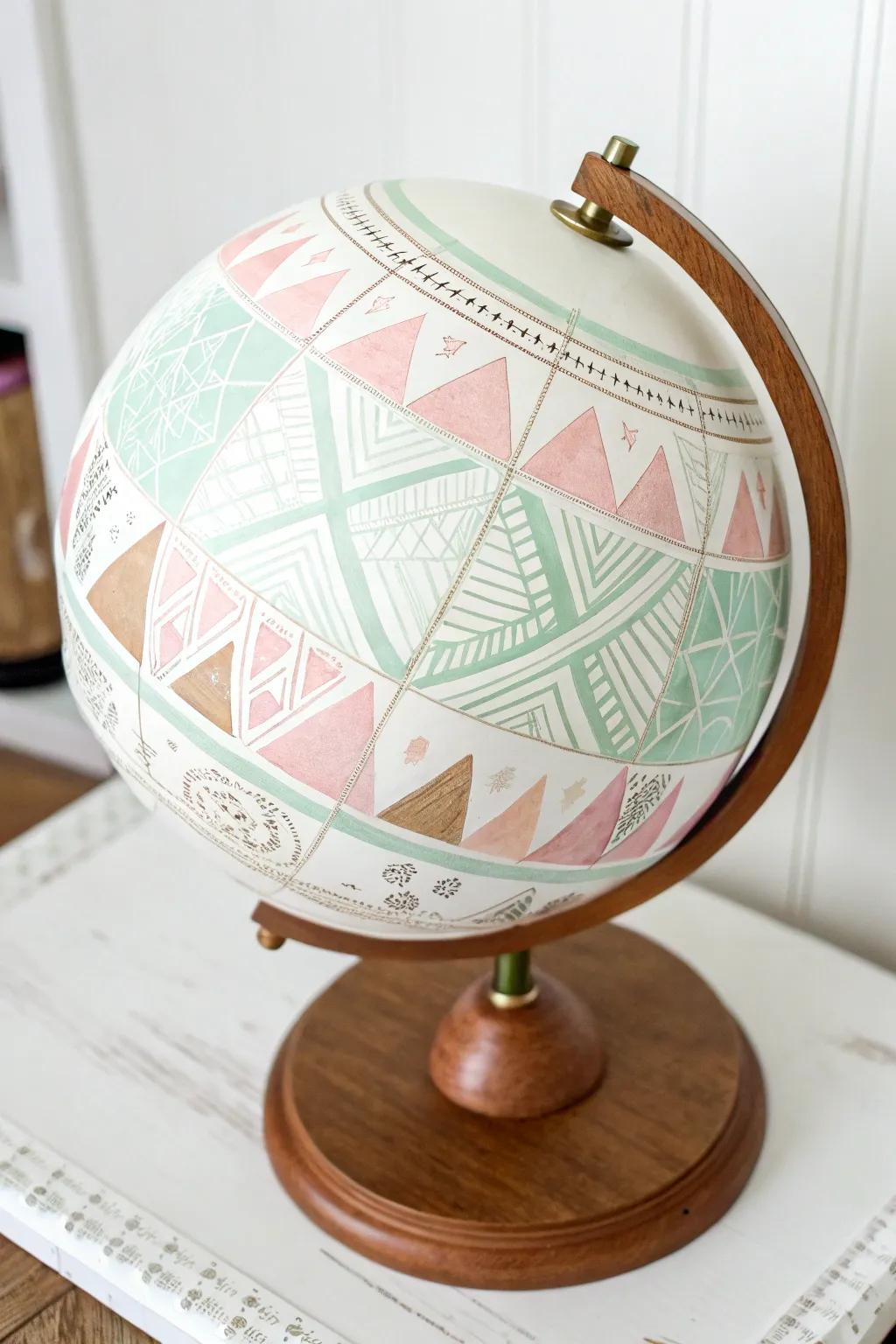Elevate your space with minimalist geometrics on a painted globe, carefully crafted for a hint of modern elegance.