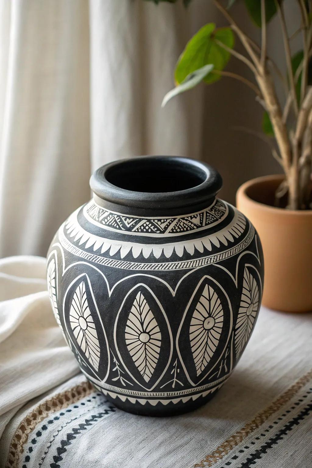 Elevate your space with enduring elegance: a classic black and white pot epitomizing simplicity and style.