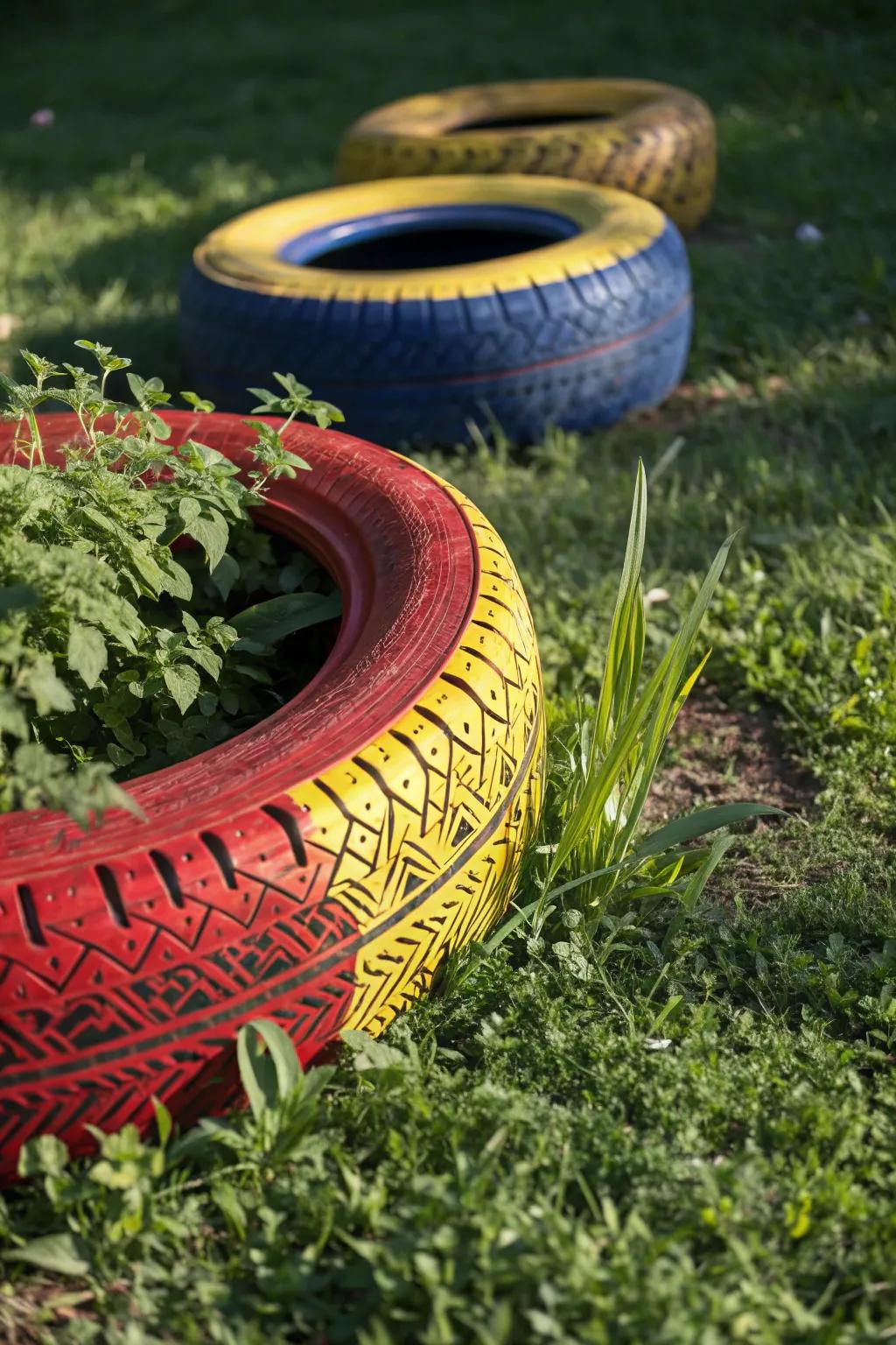 Revitalize your garden with bold and radiant tire perimeters that meld aesthetics with practicality.