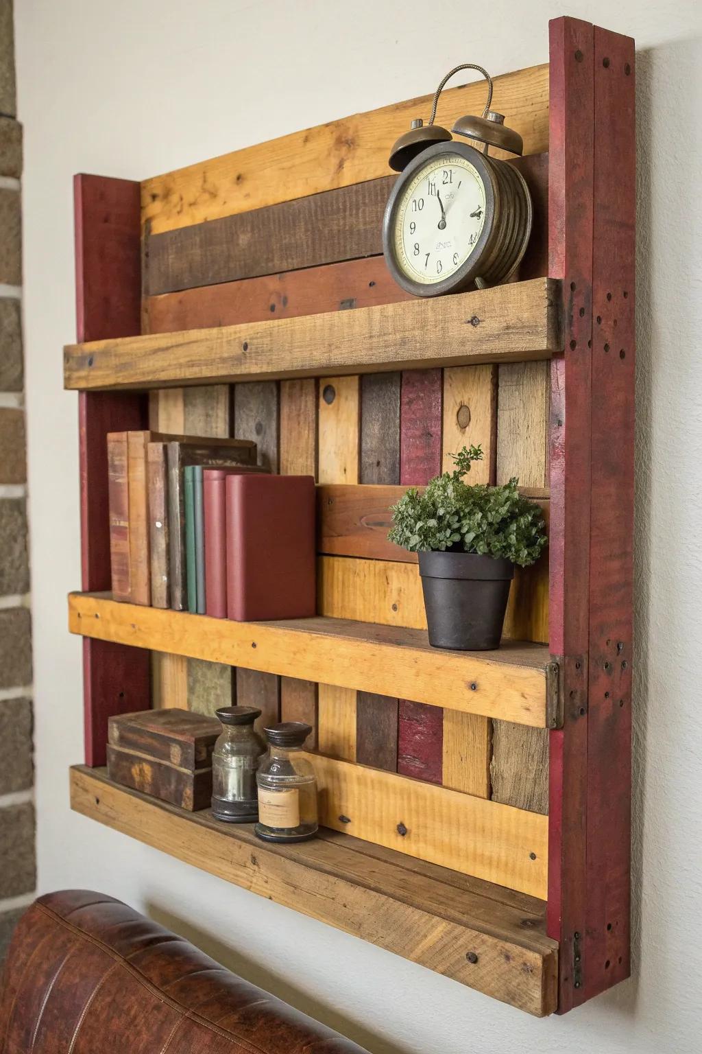Elevate your ambiance with this refined wall mounted ledge fashioned from a reclaimed pallet. A seamless fusion of rugged allure and sophisticated utility.