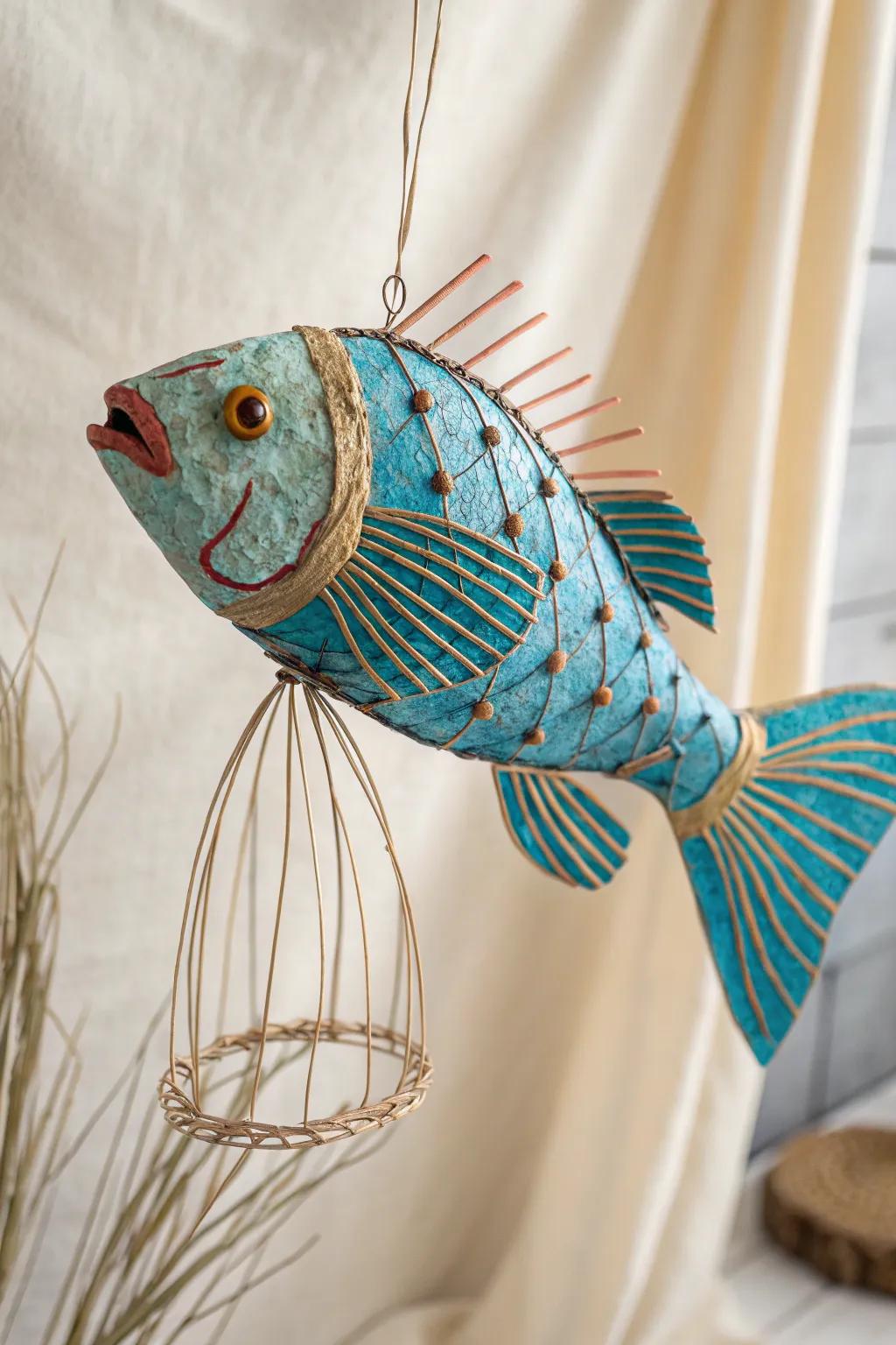 Submerge into ingenuity with this captivating paper mache fish, where simplicity converges with vibrant artistry.