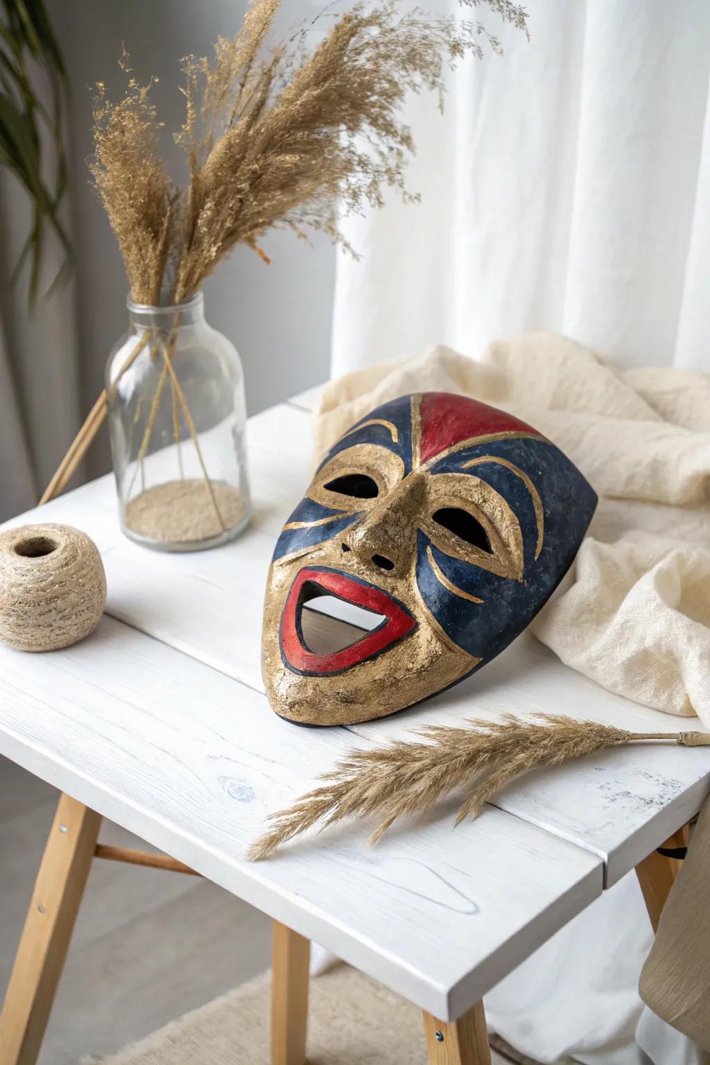 Unveiling drama in simplicity through this artisanal theater mask, where bold expression is combined with minimalist grace.