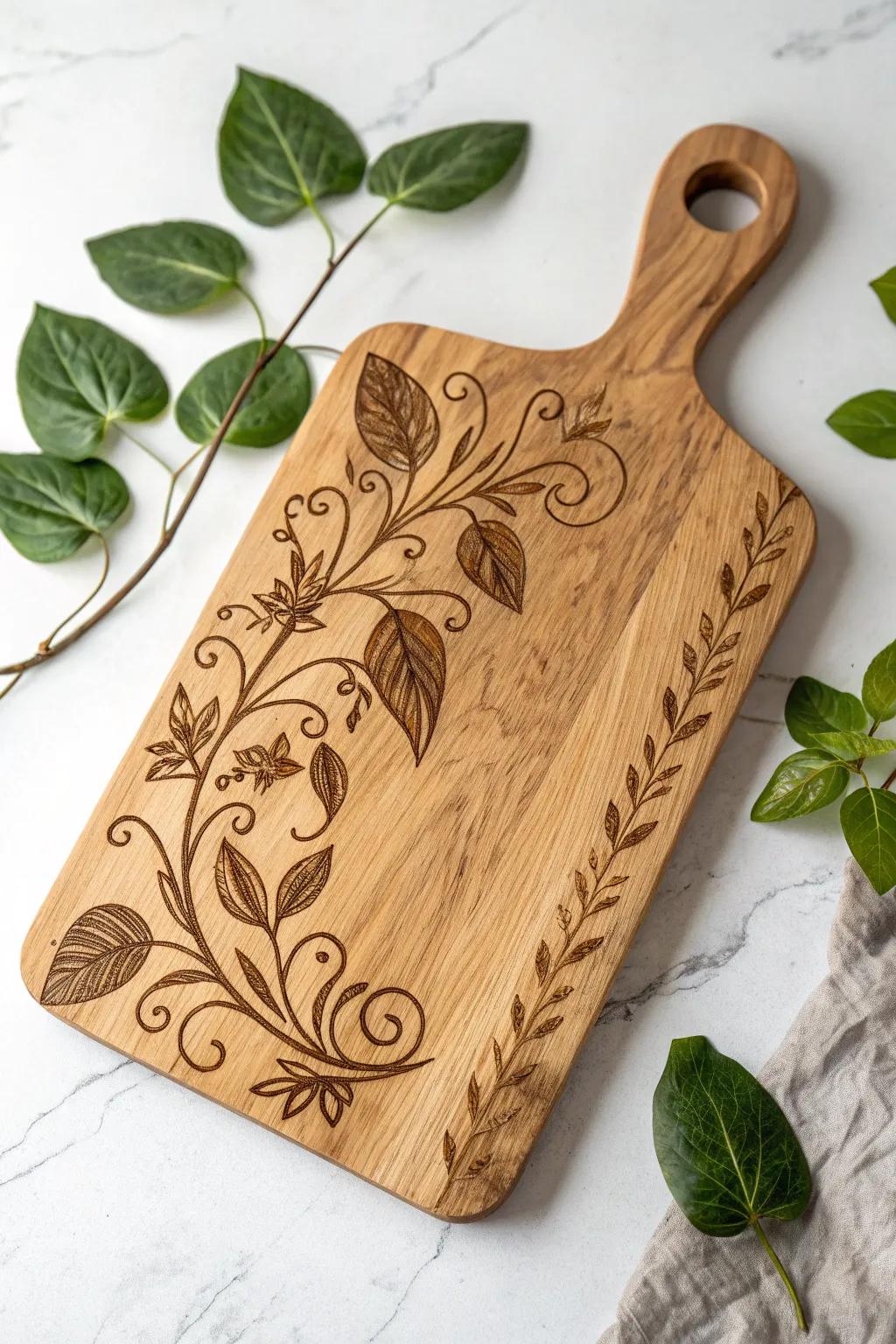 Elevate your kitchen aesthetics with a personalized chopping block adorned with delicate climbing plant motifs—where artistry converges with natural allure.