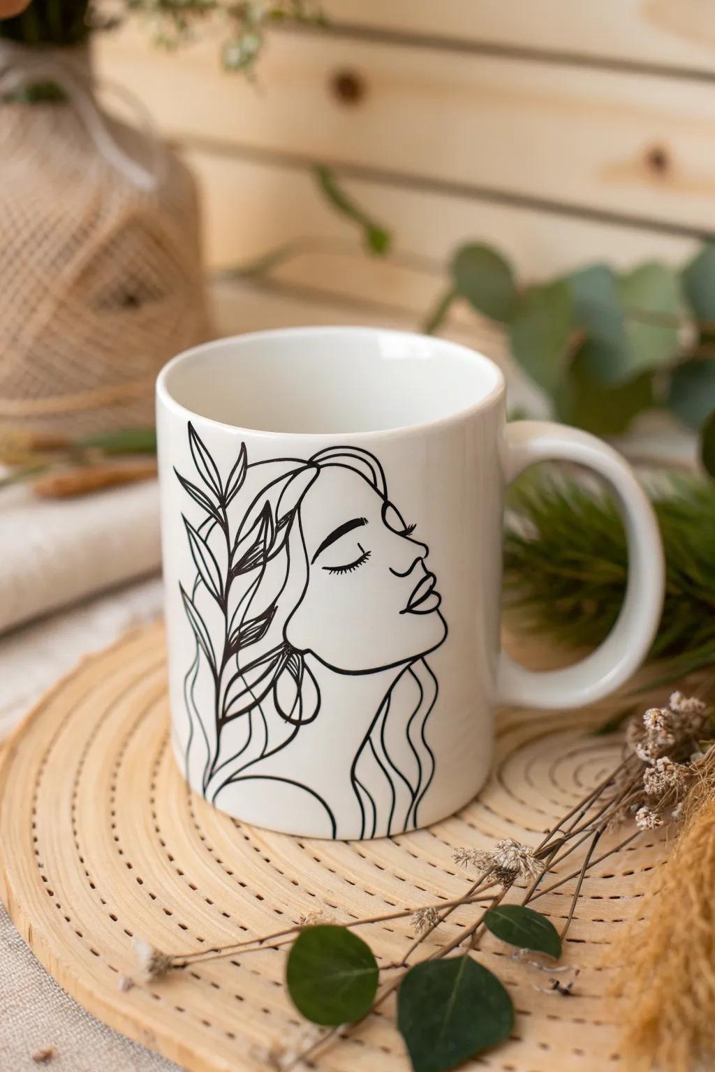 Transform your morning coffee with artful simplicity—discover the beauty of minimalist sketches on mugs.