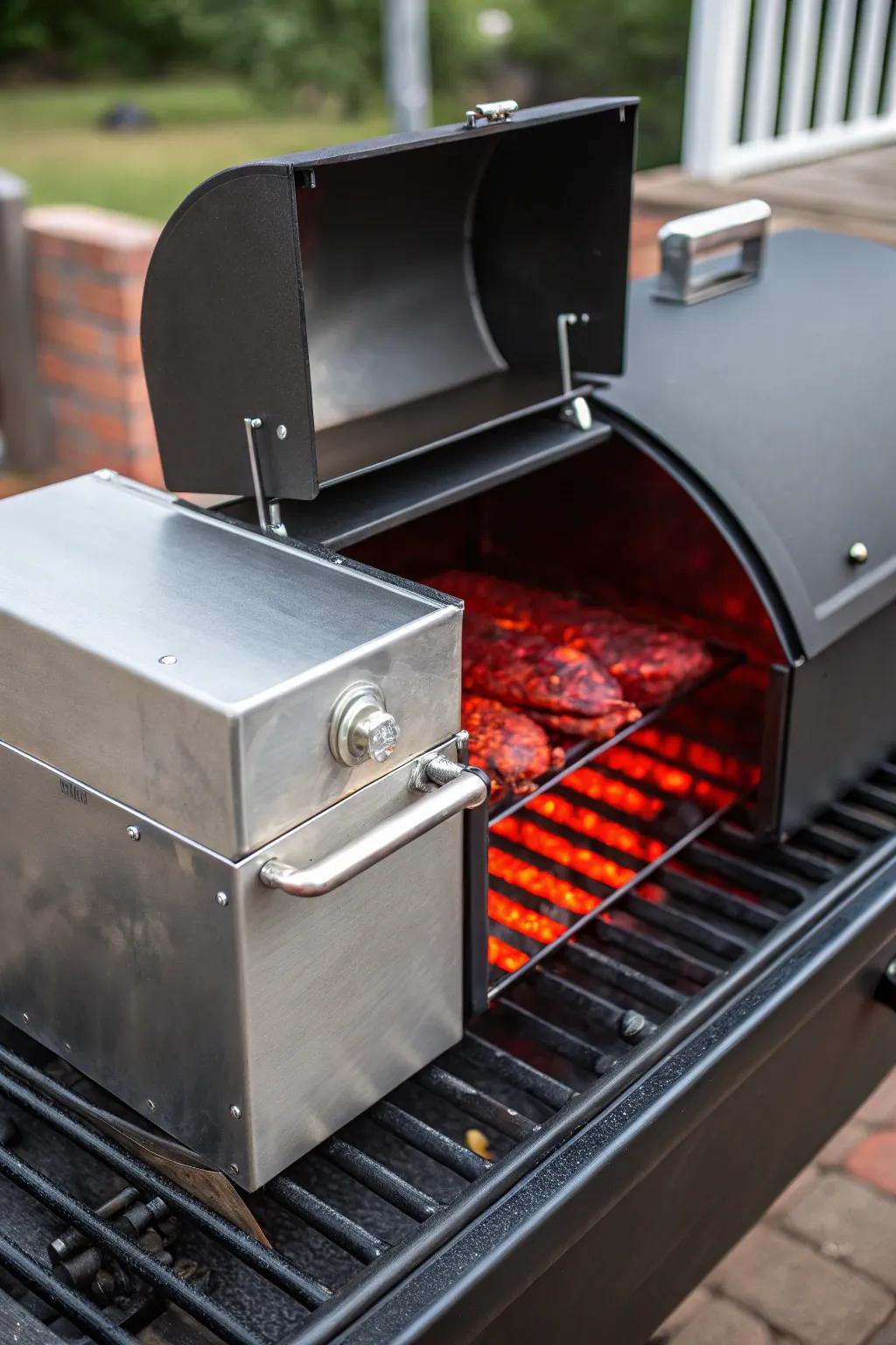 Amplify your grilling game: Transform your gas grill into a commanding smoker utilizing a streamlined, bespoke smoker enclosure.