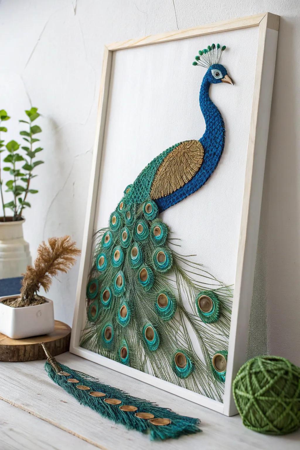 Marvel at the elegance of craftsmanship with this bold and beautiful peacock string art. A perfect blend of Scandinavian simplicity and Boho charm. #StringArt #PeacockBeauty