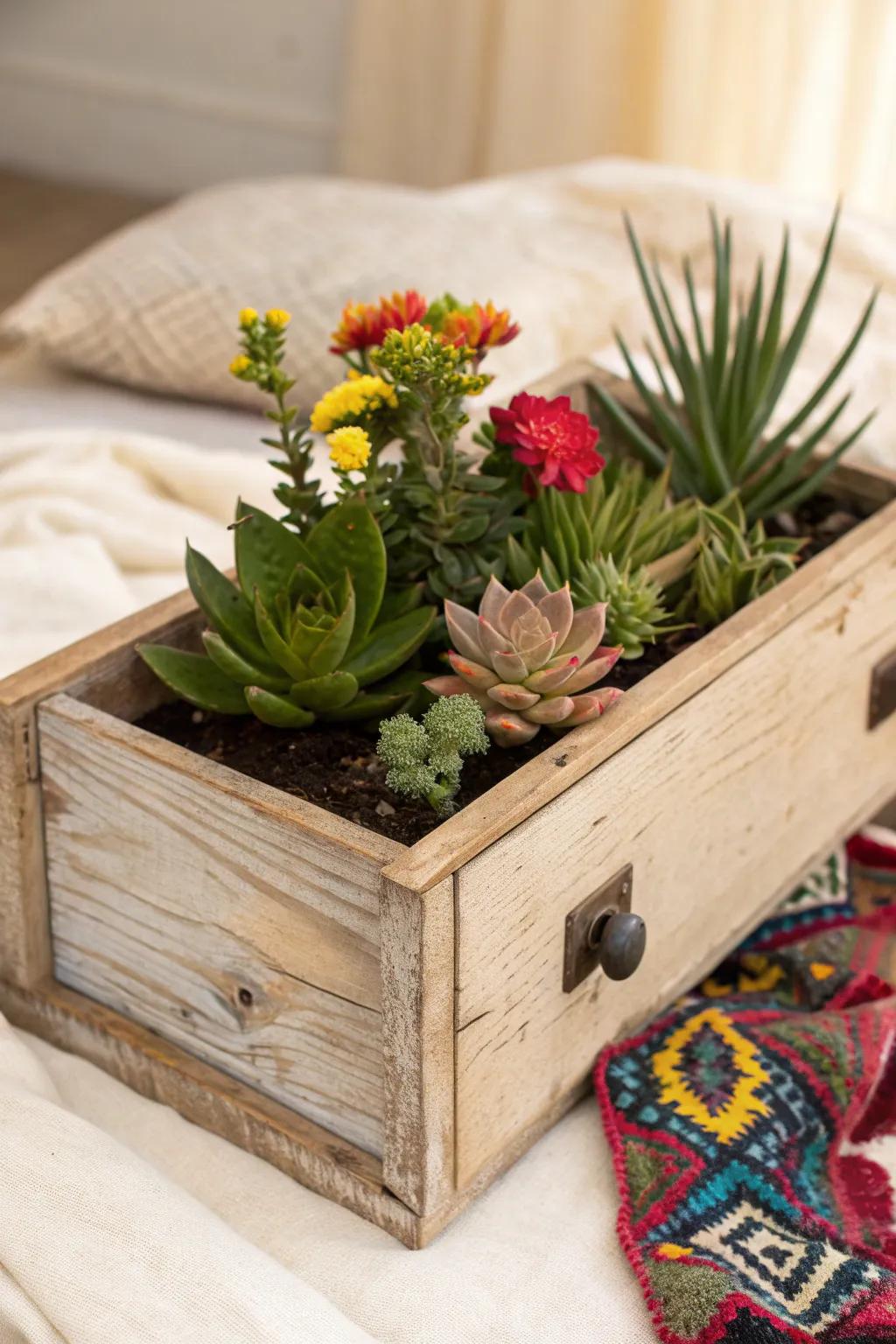 Give new life to old treasures: Turn a vintage drawer into a breathtaking succulent planter.