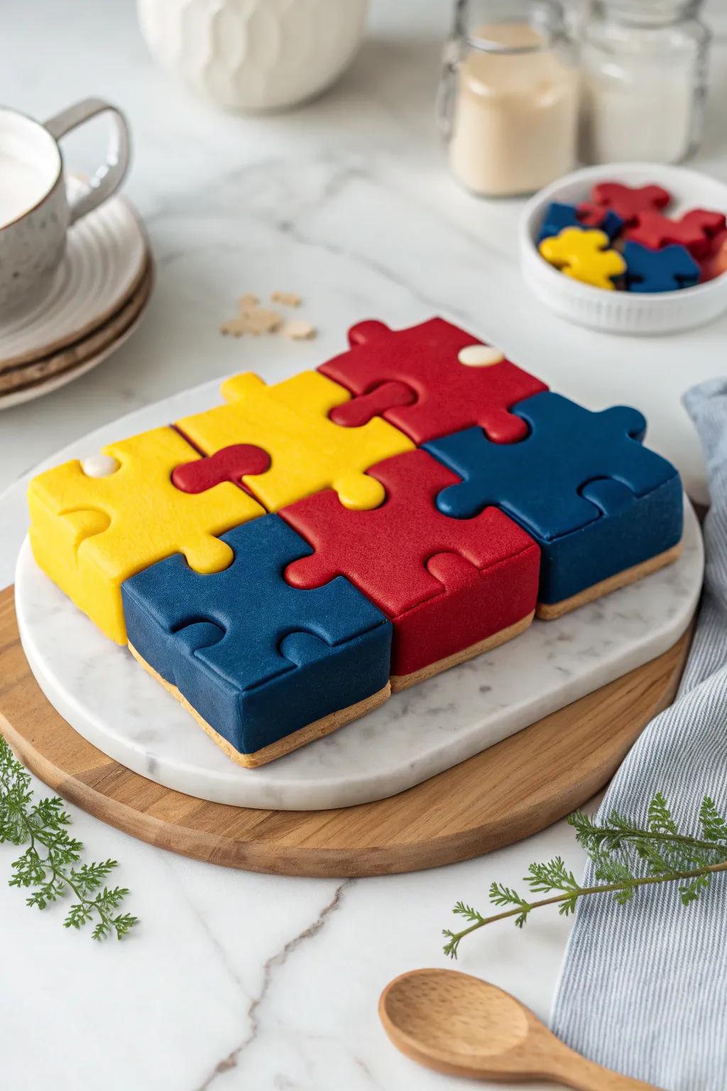 Piece together the fun with our vibrant Jigsaw Cake – a delightful challenge before the sweetness!