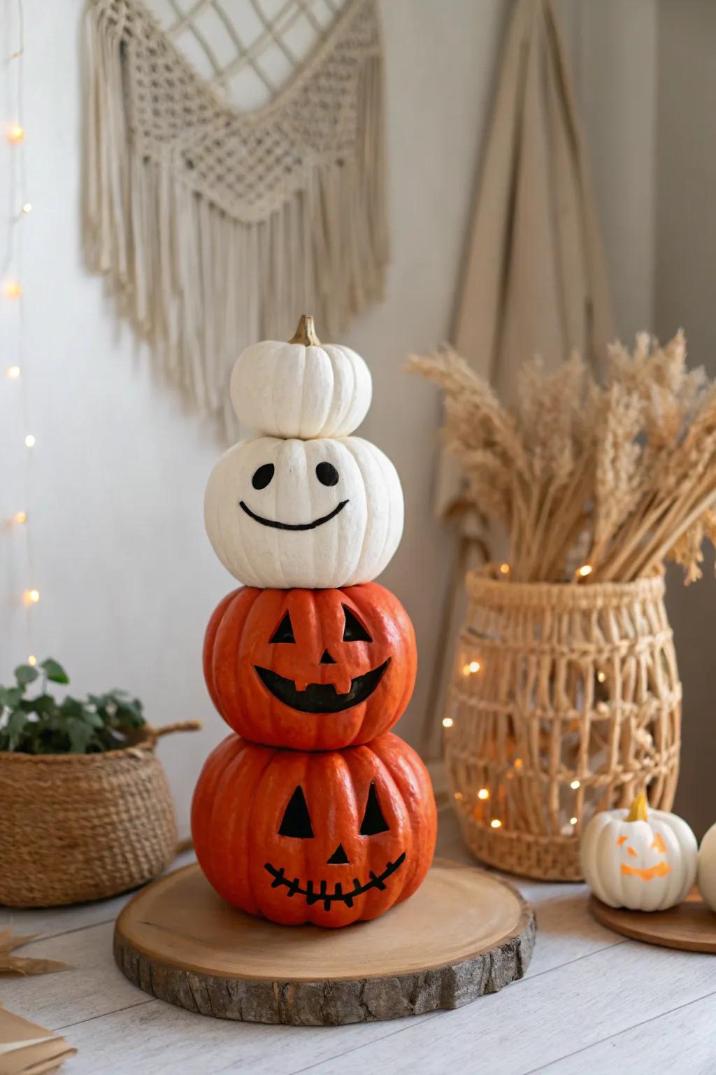 Improve your autumn arrangement with a charming piled gourd spire, where each gourd speaks its own story. 🍂✨