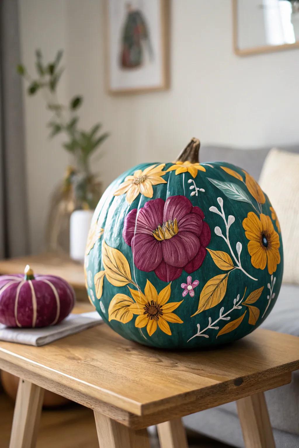 Welcome the elegance of nature indoors with this botanical wonderland pumpkin. An ideal fusion of autumn and spring!