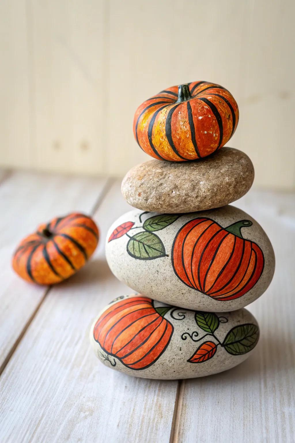 Elevate your autumnal decor with a playful stroke of artistry—stacked gourd stone paintings for an elegant, interactive showcase.