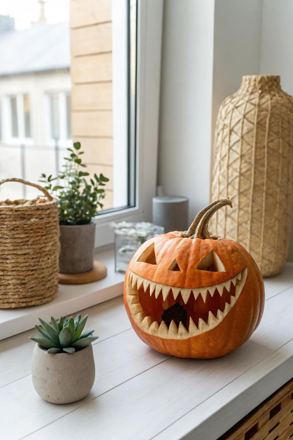 Incorporate a hint of humor into your autumnal ornamentation through this enlarged-denture gourd carving!