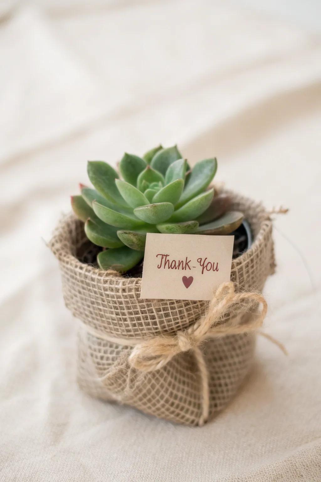 A lasting token of gratitude: beautifully wrapped fleshy plant party favors.