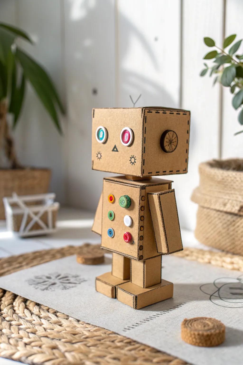 Encourage creativity and sustainability with this charming cardboard figure creation. Ideal for an entertaining recycling endeavor!