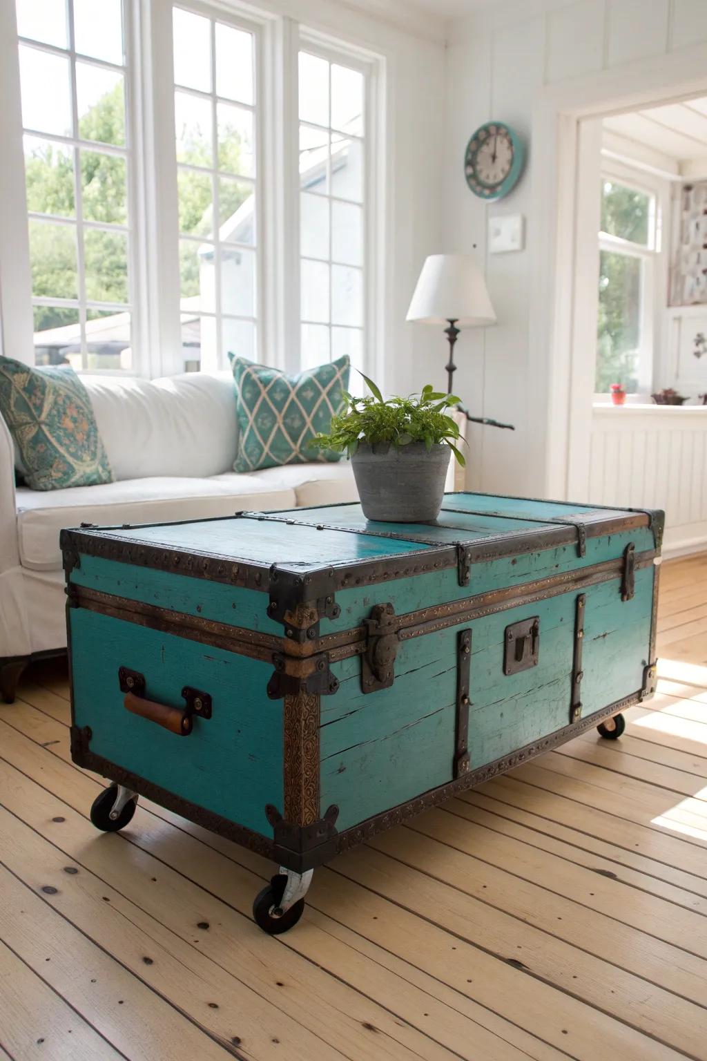 Convert reminiscence into refinement through this breathtaking trunk-turned-coffee table—where vintage merges with contemporary minimalism.