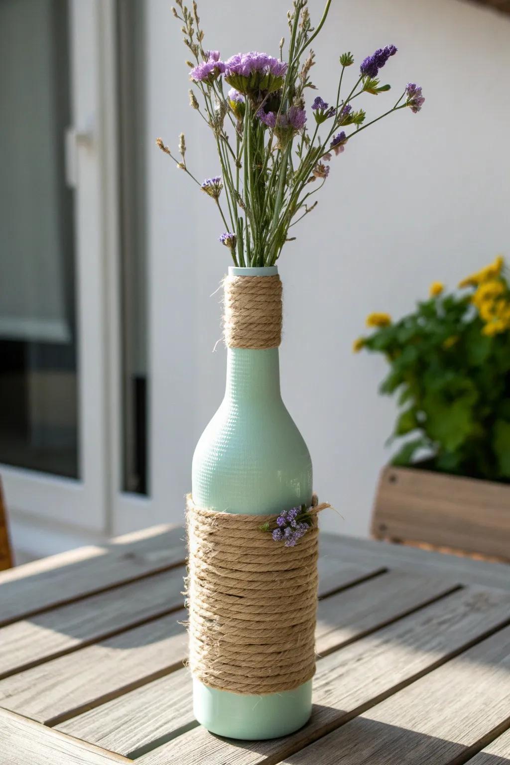 Alter your vacated vino vessels into chic vases, bestowing a hint of rustic refinement. 🌿 #DIYDecor #ScandiBoho