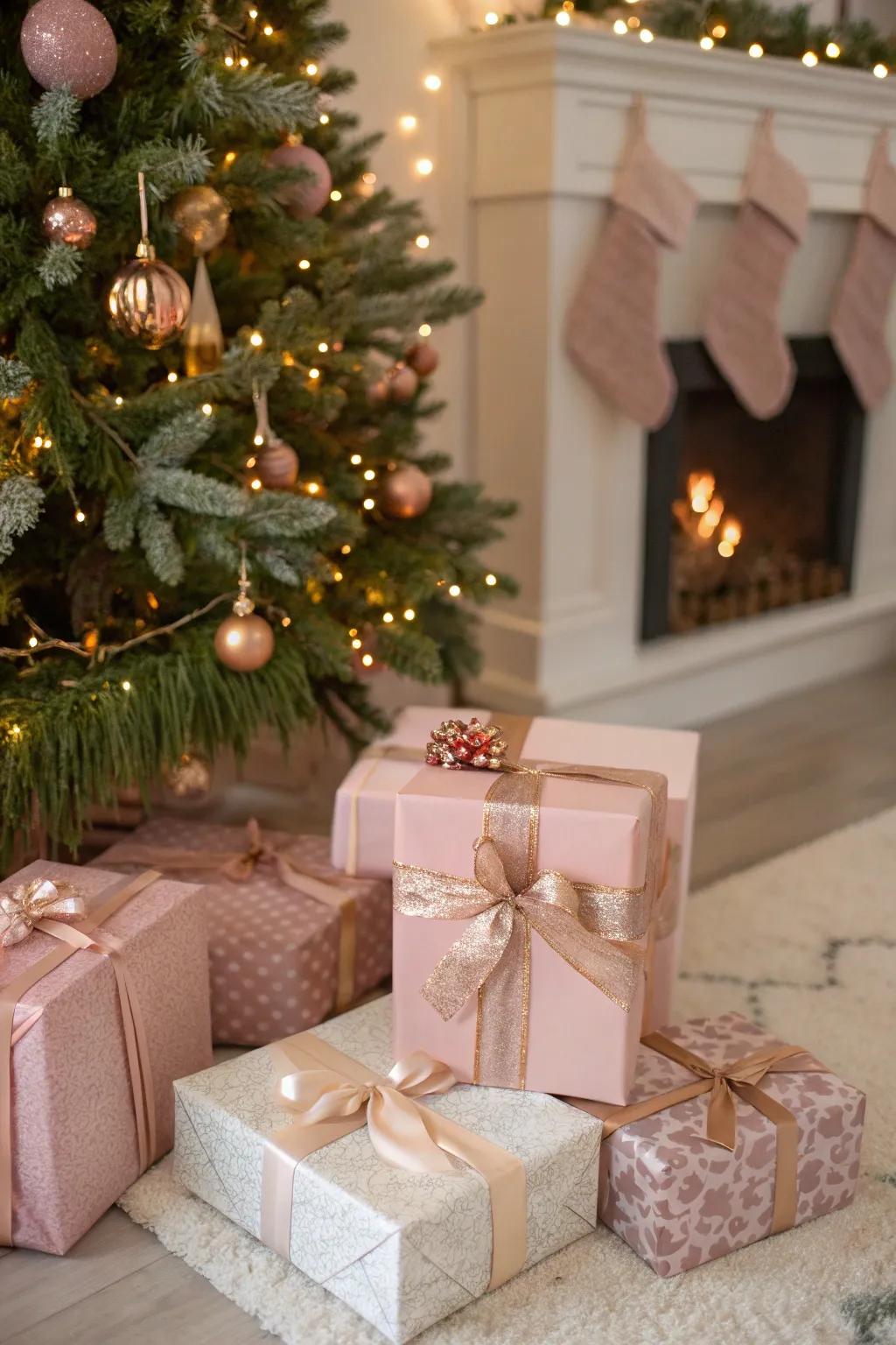 Synchronized gift presentation in rose gold and pink beneath the tree.
