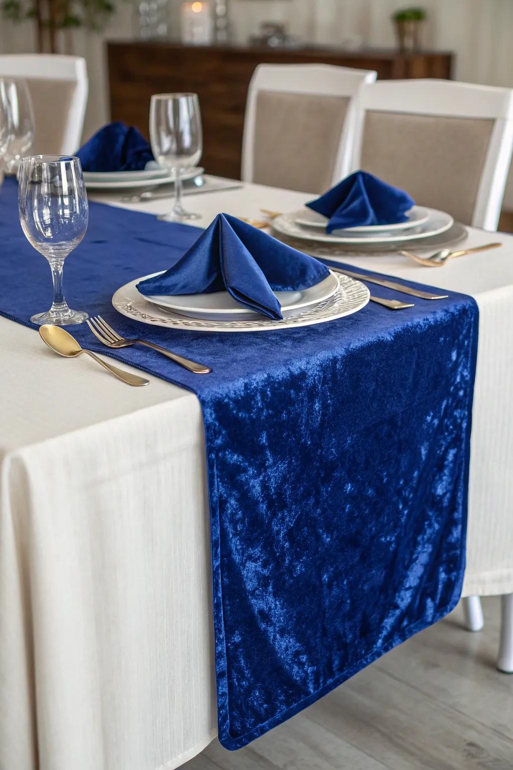 Azure velvet textile contributes a dash of refinement and luxury to any table arrangement.