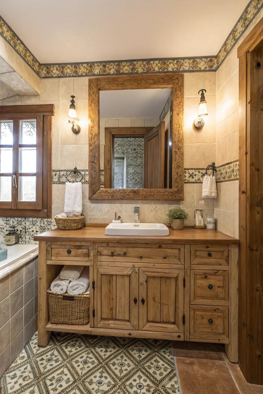 A country bathroom showcasing a sizable wood-framed mirror positioned above the vanity.