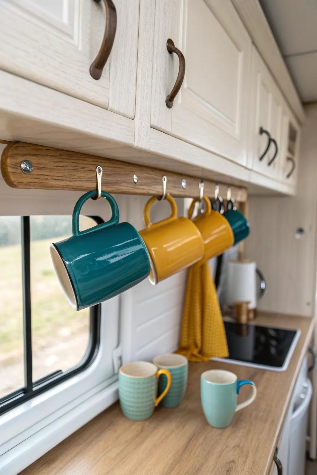 Enhance your RV kitchen with minimalist under-cabinet pegs—where practicality meets Scandinavian charm!