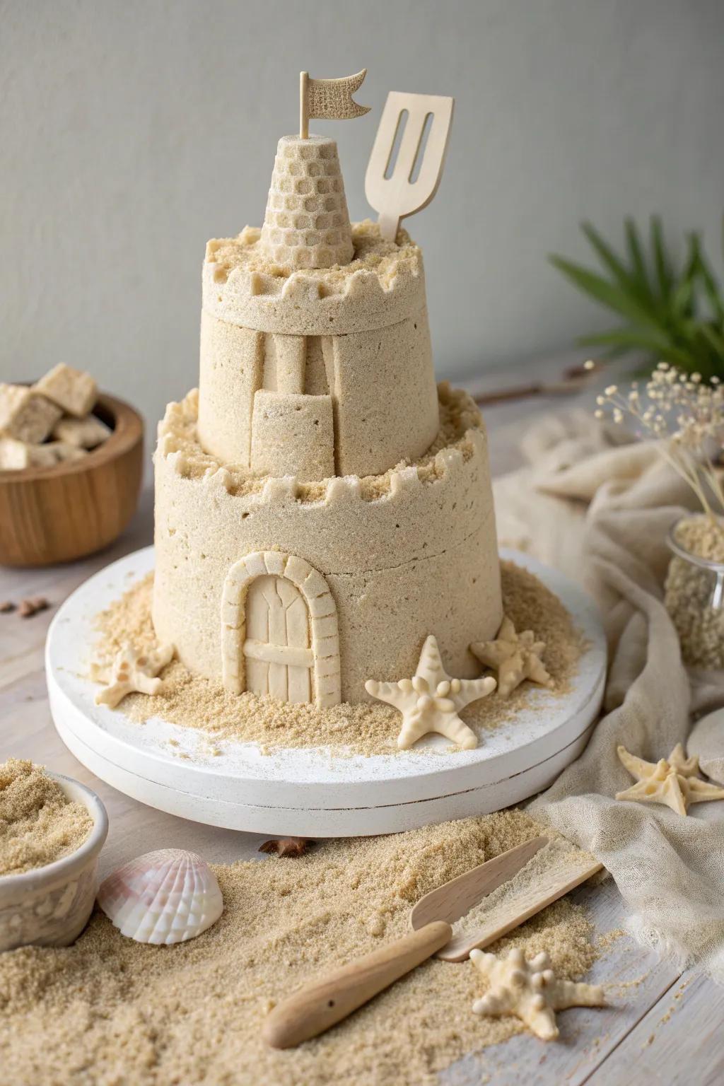 Crafted to perfection: a sandcastle cake displaying enthralling textures and innate sophistication.