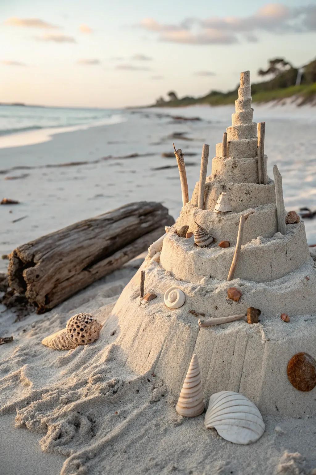 Embrace nature with this striking seashell and timber fragment sandcastle, where simplicity harmonizes with bold sophistication.