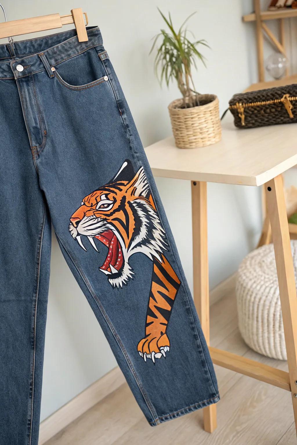 Show off your creative side with a bold mascot design on denim – make your jeans a roaring statement piece!