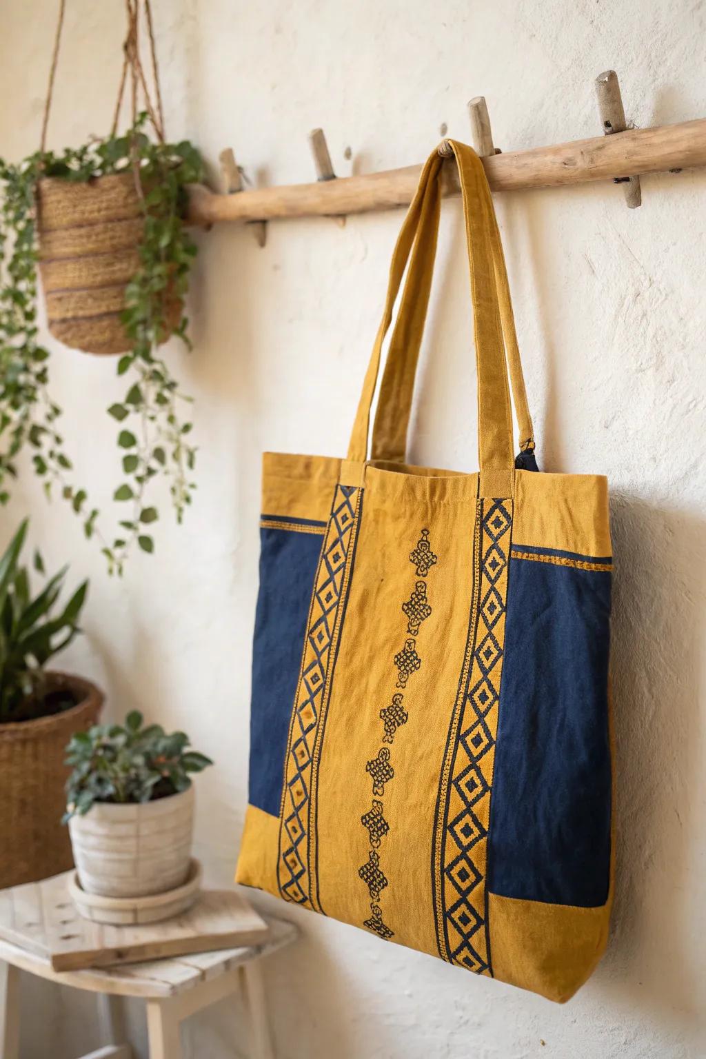 Appreciate the skill of sewing through this elegant, self-made carryall— blending simplicity with bohemian appeal.