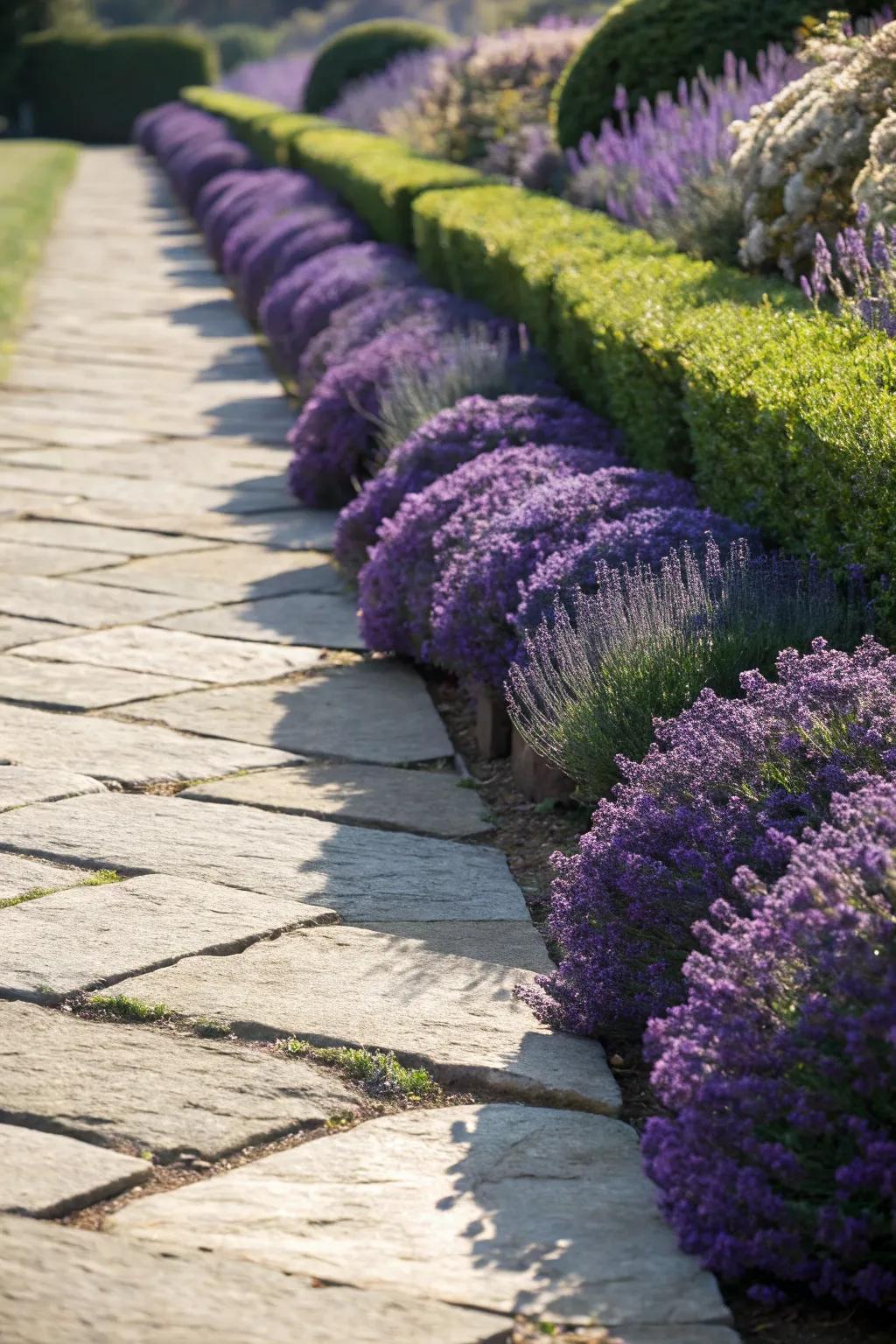 Transform your walkway with abundant lavender borders that captivate the senses.