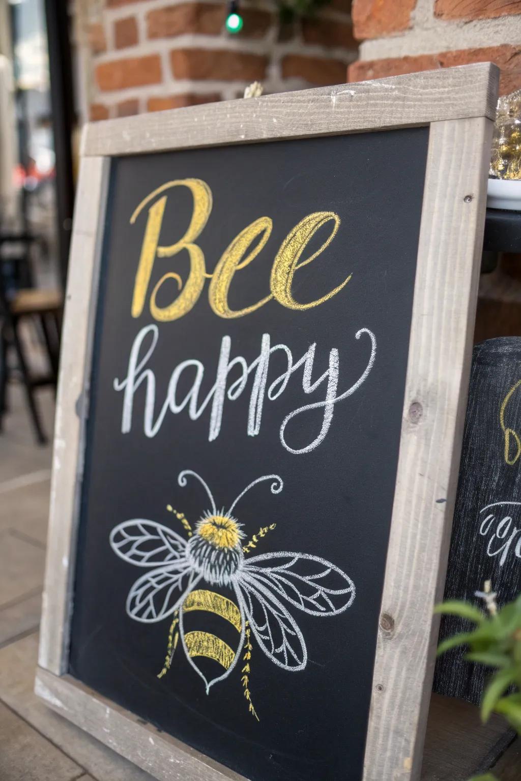 Broadcast cheerfulness with captivating simplicity: 'Joyful Bee' chalkboard artistry that brightens any space!